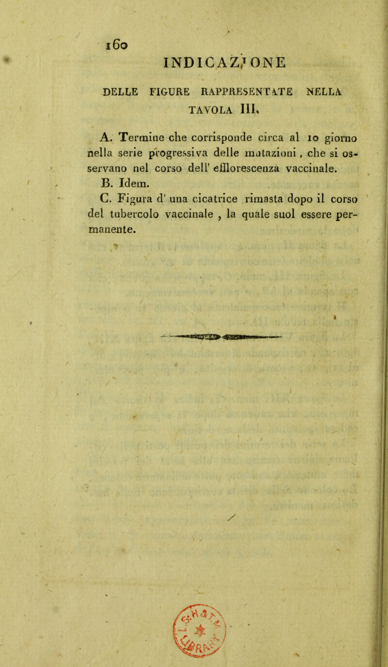 i6o INDlCAZi^ONE DELLE FIGURE RAPPRESENTATE NELLA TAVOLA IlL A. Termine che corrisponde circa al io giorno nella serie progressiva delle matazioni, che si os- servano nel corso dell' efflorescenza vaccinale. B. Idem. C. Figura d' una cicatrice rimasta dopo il corso del tubercolo vaccinale , la quale suol essere per- manente.