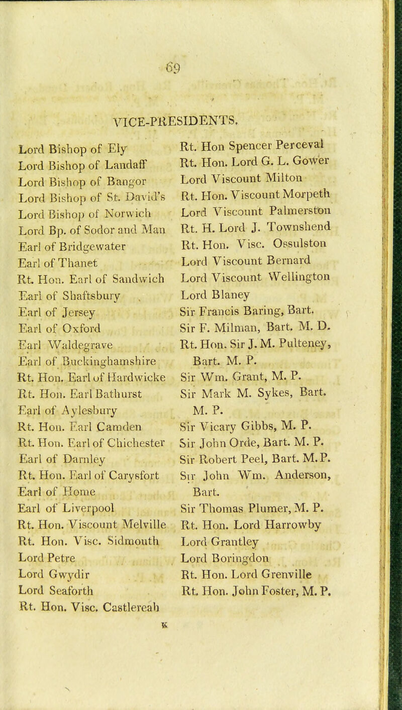 VICE-PRESIDENTS. Lord Bishop of Ely Lord Bishop of Landaff Lord Bishop of Bangor Lord Bishop of St. David's Lord Bishop of Norwich Lord Bp. of Sodor and Man Earl of Bridgewater Earl of Thanet Rt. Hon. Earl of Sandwich Earl of Shafts bury Earl of Jersey Earl of Oxford Earl Waldegrave Earl of Buckinghamshire Rt. Hon. Earl of Hardwicke Rt. Hon. Earl Bathurst Earl of Aylesbury Rt. Hon. Earl Camden Rt. Hon. Earl of Chichester Earl of Darnley Rt. Hon. Earl of Carysfort Earl of Home Earl of Liverpool Rt. Hon. Viscount Melville Rt. Hon. Vise. Sidmouth Lord Petre Lord Gwydir Lord Seaforth Rt. Hon. Vise. Castlereah Rt. Hon Spencer Perceval Rt. Hon. Lord G. L. Gower Lord Viscount Milton Rt. Hon. Viscount Morpeth Lord Viscount Palmerston Rt. H. Lord J. Townshend Rt. Hon. Vise. Ossulston Lord Viscount Bernard Lord Viscount Wellington Lord Blaney Sir Francis Baring, Bart. Sir F. Milman, Bart. M. D. Rt. Hon. Sir J. M. Pulteney, Bart. M. P. Sir Win. Grant, M. P. Sir Mark M. Sykes, Bart. M. P. Sir Vicary Gibbs, M. P. Sir John Orde, Bart. M. P. Sir Robert Peel, Bart. M.P. Sir John Wm. Anderson, Bart- Sir Thomas Plumer, M. P. Rt. Hon. Lord Harrowby Lord Grantley Lord Boringdon Rt. Hon. Lord Grenville Rt. Hon. John Foster, M. P.
