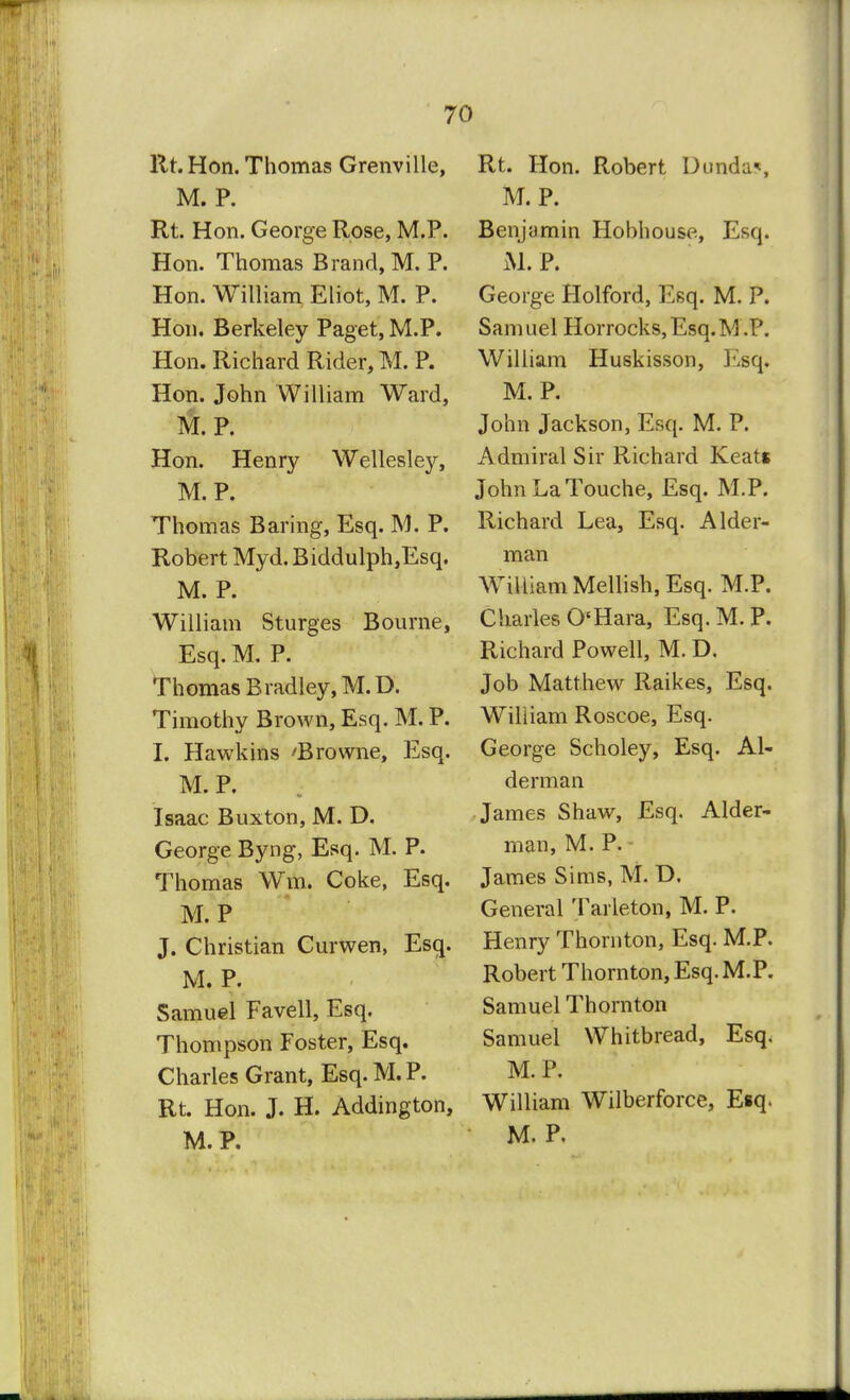 lit. Hon. Thomas Grenville, M. P. Rt. Hon. George Rose, M.P. Hon. Thomas Brand, M. P. Hon. William Eliot, M. P. Hon. Berkeley Paget, M.P. Hon. Richard Rider, M. P. Hon. John William Ward, A p. Hon. Henry Wellesley, M. P. Thomas Baring, Esq. M. P. Robert Myd. Biddulph,Esq. M. P. William Sturges Bourne, Esq. M. P. Thomas Bradley, M.D. Timothy Brown, Esq. M. P. I. Hawkins 'Browne, Esq. M. P. Isaac Buxton, M. D. George Byng, Esq. M. P. Thomas Wm. Coke, Esq. M.P J. Christian Curwen, Esq. M. P. Samuel Favell, Esq. Thompson Foster, Esq. Charles Grant, Esq. M. P. Rt. Hon. J. H. Addington, M. P. Rt. Hon. Robert Dundas, M. P. Benjamin Hohhouse, Esq. M. P. George Holford, Esq. M. P. Samuel Horrocks,Esq.M.P. William Huskisson, Esq. M. P. John Jackson, Esq. M. P. Admiral Sir Richard Keats John LaTouche, Esq. M.P. Richard Lea, Esq. Alder- man William Mellish,Esq. M.P. Charles O'Hara, Esq. M. P. Richard Powell, M. D. Job Matthew Raikes, Esq. William Roscoe, Esq. George Scholey, Esq. Al- derman James Shaw, Esq. Alder- man, M. P. James Sims, M. D. General Tarleton, M. P. Henry Thornton, Esq. M.P. Robert Thornton, Esq. M.P. Samuel Thornton Samuel Whitbread, Esq. M. P. William Wilberforce, Esq. M. P.