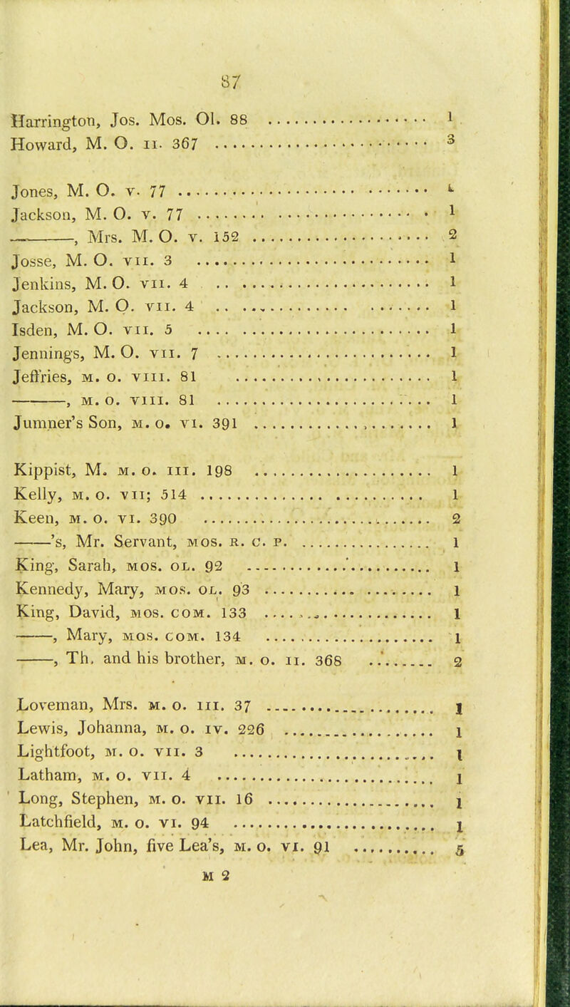 Harrington, Jos. Mos. Ol. 88 Howard, M. O. n. 367 Jones, M. O. v. 77 Jackson, M. O. v. 77 — , Mrs. M. O. v. 152 Josse, M. O. vn. 3 Jenkins, M. O. vn. 4 Jackson, M. O. vii. 4 Isden, M. O. vii. 5 Jennings, M. O. vii. 7 Jeffries, m. o. viii. 81 , m. o. viii. 81 : ... Jumper's Son, m. o. vi. 391 , Kippist, M. m. o. in. 198 Kelly, m. o. vn; 514 Keen, m. o. vi. 390 's, Mr. Servant, mos. r. g. p King, Sarah, mos. ol. 92 ' Kennedy, Mary, mos. ol. 93 King, David, mos.com. 133 ,.«, , Mary, mos.com. 134 , , Th. and his brother, m. o. 11. 368 . Loveman, Mrs. m. o. hi. 37 Lewis, Johanna, m. o. iv. 226 Lightfoot, m. o. vn. 3 Latham, m. o. vii. 4 Long, Stephen, m. o. vii. 16 Latchfield, m. o. vi. 94 Lea, Mr. John, five Lea's, m. o. vi. 91 M 2