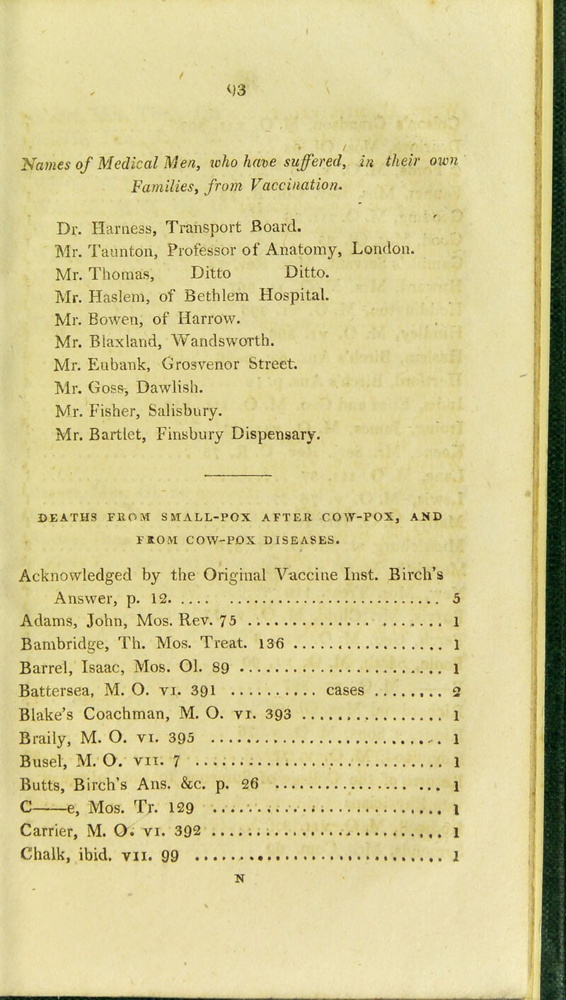 <)3 Names of Medical Men, icho have suffered, in their own Families, from Vaccination. Dr. Harness, Transport Board. Mr. Taunton, Professor of Anatomy, London. Mr. Thomas, Ditto Ditto. Mr. Haslem, of Bethlem Hospital. Mr. Bowen, of Harrow. Mr. Blaxland, Wandsworth. Mr. Eubank, Grosvenor Street. Mr. Goss-, Dawlish. Mr. Fisher, Salisbury. Mr. Bartlet, Finsbury Dispensary. DEATHS FROM SMALL-POX AFTER COW-POX, AND IIOM COW-POX DISEASES. Acknowledged by the Original Vaccine Inst. Birch's Answer, p. 12 5 Adams, John, Mos. Rev. 75 1 Bambridge, Th. Mos. Treat. 136 1 Barrel, Isaac, Mos. Ol. 89 1 Battersea, M. O. vi. 391 cases 2 Blake's Coachman, M. O. vr. 393 1 Braily, M. O. vi. 395 1 Busel, M. O. vii. 7 1 Butts, Birch's Ans. &c. p. 26 1 C—e, Mos. Tr. 129 ; I Carrier, M. Q. vr. 392 l Chalk, ibid. vn. 99 1