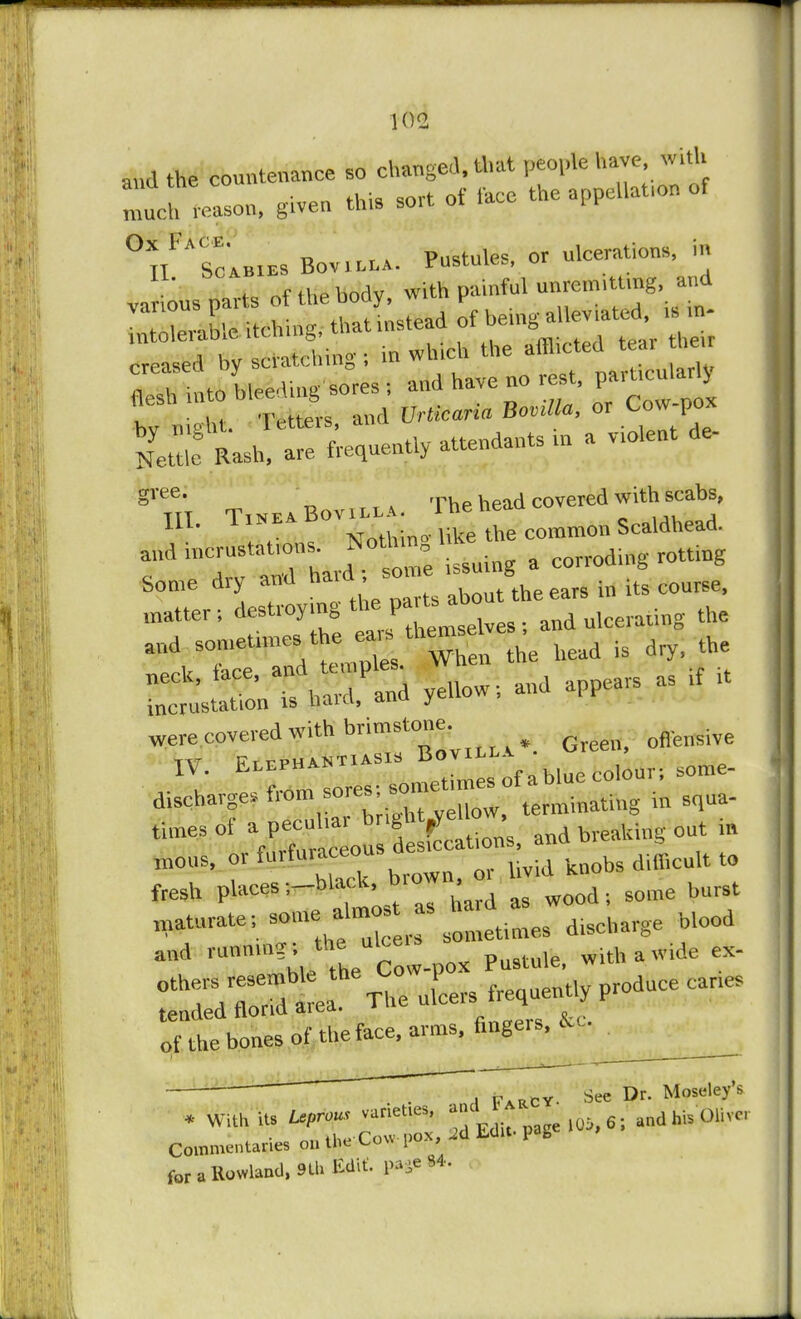 and the countenance so changed, that people have with ihTetn, given this sort of .ace the appellate of TL» Bov i lla. Pustules, or ulcerations, in various parts of the body, with painful * gree. ee' ~ . The head covered with scabs, ffl. t«~ Bo^gffi commo„ Scaldhead. and issuing a corroding rotring Some dry and h«dabout°heears in its course, ^^^.andap^U were covered with brimstone ft Eirior—sofahluccoiou,, some- discharge, from sores so terminatl»g in squa- ,imesof £ao; and Wring out in m0us, or f»'tu'-e0U m. fa k»obs difficult to fresh places -.-black, oro burst saturate-, ~££Z££*^ ^ and •J*&^£Lfcl ****** £ J the bones of the face, arms, fingers, Lc, ^ , ' ' 1 iVarCY. See Dr. Moseley's * With its Leprous variet.es, £^^:.fcff. and his Olive, Commentaries on the Cow pox, 2d Edit, pag for a Rowland, 9th Edit*. P^e 34,