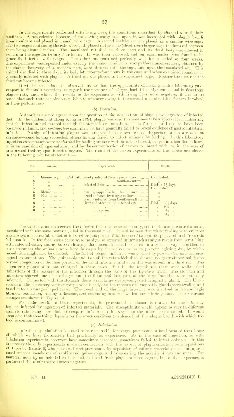 In the experiments performed with living Meas, the conditions described by Simond were slightly modified. A rat, selected because of its having many fleas upon it, was inoculated with plague bacilli from a culture and placed in a small wire cage. A second healthy rat was placed in a similar wire cage. The two cages containing the rats were both placed in the same (sheet iron) larger cage, the interval between them being about 2 inches. The inoculated rat died in three days, and its dead body was allowed to x'emain in the cage for twenty-four hours. It was then removed, and on examination Vv^as found to be generally infected with plague. The other rat remained perfectly well for a period of four weeks. The experiment was repeated under exactly the same conditions, except that numerous fleas, obtained by the chance discovery of a mouse's nest, were thrown into the cage, and upon the inoculated rat. This animal also died in three days, its body left twenty-four hours in the cage, and when examined found to be generally infected with plague. A third rat was placed in the uncleaned cage. Neither the first nor the third rat became infected. It will be seen that the observations we had the opportunity of making in this laboratory gave support to Simond's assertions, s-s regards the presence of plague bacilli in phlyctenules and in fleas from plague rats, and, whilst the results in the experiments with living fleas were negative, it has to be noted that such tests are obviously liable to miscarry owing to the several uncontrollable factors involved in their performance. (6) Ingestion. Authorities are not agreed upon the question of the acquisition of plague by ingestion of infected diet. In the epidemic at Hong Kong in 1894, plague was said to sometimes take a special form indicating that the infection had entered through the stomach or intestines. This form is said not to have been observed in India, and jMst-mortem examinations have generally failed to reveal evidence of gastro-intestinal infection. No sign of intestinal plague was observed in our own cases. Experimentalists are also at variance—some having succeeded, others having failed, to infect animals by feeding. In this laboratoiy ingestion experiments were performed by feeding animals with bread, or biscuit, sopped in a bouillon-culture, or in an emulsion of agar-culture ; and by the contamination of carrots or bread with, or, in the case of I'ats, actual feeding upon infected organs. The result of the eleven experiments of this series are shown in the following tabular statement :— No. Aniin.al. Experiment. Result. 1 2 3 4 5 6 7 8 9 10 11 Guinea-pig )> Mouse .... Eat Fed with bread ; infected from agar-culture ,, „ bouillon-culture „ infected liver ,, biscuit, sopped in bouillon-culture „ bread infected from agar-culture „ biscuit infected from bouillon-culture „ liver and sternum of infected rafc )j )) )» jj „ „ spleen „ Unaffected. Died in 5 J days. Unaffected. Died in 6?r days 4i „ 4i „ The various animals received the infected food on»one occasion only, and in all cases a control animal, inoculated with the same material, died in the usual time. It will be seen that whilst feeding with cultui'es was always unsuccessful, a diet of infected organs proved fatal in one of two guinea-pigs, and in all from rats fed upon it. In the fatal cases there were no signs of external injury such as might result from scratching with infected claws, and no bubo indicating that inoculation had occurred in any such way. Further, in most instances the animals were kept in cages by themselves, so as to prevent fighting, ikc, by which inoculation might also be effected. The fact of plague infection was verified by post-mortem and bacterio- logical examinations. The guinea-pig and two of the rats which died showed no gastro intestinal lesion beyond congestion of tlie iliac portion of the small intestine, and even this was absent in a third rat. The mesenteric glands were not enlarged in these cases. But in the fourth rat tliere wei'e well-marked indications of the passage of the infection through the walls of the digestive tract. The stomach and intestines showed fine ha?morrhages, and the ilium and first part of the large intestine were intensely inflamed. Connected with the stomach thei'e was a large deeply-congested lymphatic gland. The blood- vessels in the mesentery wei'e engorged with blood, and the mesenteric lymphatic glands were swollen and fused into a sausage-shaped mass. The cascal end of the large intestine was involved in hemorrhagic fibrinous exudation, causing adhesions, and.extending into the swollen mesenteric glands. These various changes are shown in Figure 14. From the results of these experiments, the provisional conclusion is drawn that animals may become infected by ingestion of infected materials. The susceptibility would appear to vary in difierent animals, rats being more liable to acquire infection in this way than the other species tested. It would seem also that something depends on the exact condition (virulence ?) of the plague bacilli with which the food is contaminated. (c) Inhalatiim. Infection by inhalation is stated to be responsible for plague pneumonia, a fatal form of the disease of which we have fortunately had practically no experience. As in the case of ingestion, so with inhalation exj^eriments, observers have sometimes succeeded, sometimes failed, to infect animals. In this laboratory the only experiments made in connection with this aspect of plague-infection v/ere repetitions of those of Batzarolf, who produced pest-pneumonia by deposition of culture material on the uninjured nasal mucous membrane of rabbits and guinea-pigs, and by smearing the nosti'ils of rats and mice. The material used by us included culture material, and fresh plague-infected organs, but in five experiments performed the results were always negative. 577—H APPENDIX B