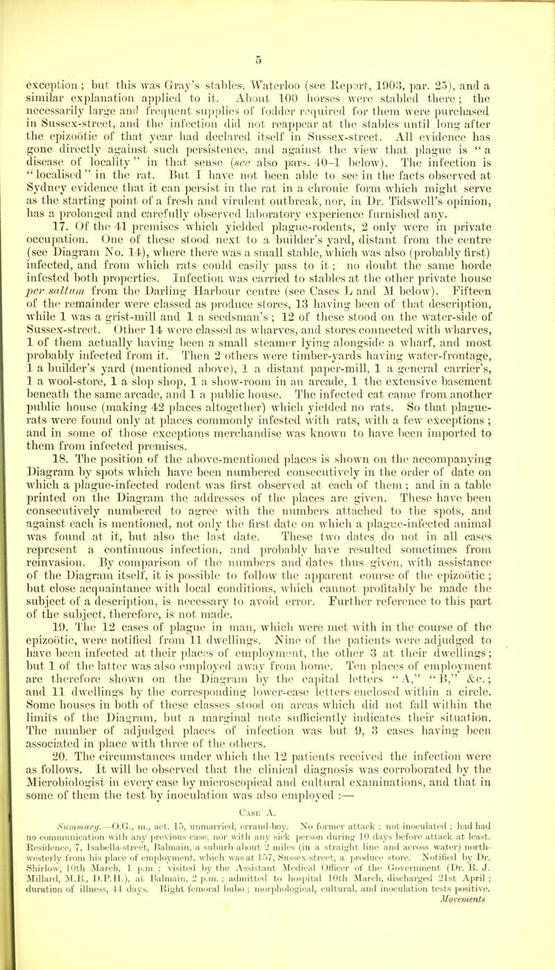 exception ; but this was Gray's stables, Waterloo (see Keport, 1903, par. 25), and a similar explanation applied to it. A])oui TOO horses were stabled there ; the necessarily large anti frequent snpplies of fodder required for them were purchased in Sussex-street, and the infection did not reappear at the stables nntil long after the epizootic of that year had declared itself in Sussex-street. All evidence has gone directly against such persistence, and against the view that plague is a disease of locality in that sense {see also pars. 40-1 below). The infection is  localised  in the rat. But I have not been able to see in the facts observed at Sydney evidence that it can persist in the rat in a chronic form which might serve as the starting point of a fresh and virulent outbreak, nor, in Dr, Tidswell's opinion, has a prolonged and carefully observed lal)oratory experience furnished any. 17. Of the 41 premises which yielded plague-rodents, 2 only were in private occupation. One of these stood next to a builder's yard, distant from the centre (see Diagram No. 11), where there was a small stable, wliich was also (probably first) infected, and from ^vhicli rats could easily pass to it; no doubt the same horde infested both properties. Infection was carried to stables at the other private house 2)67' saltum from the Darling Harbour centre (see Cases L and M below). Fifteen of the remainder were classed as produce stores, 13 having been of that description, while 1 was a grist-mill and 1 a seedsman's; 12 of these stood on the water-side of Sussex-street. Other 14 were classed as wharves, and stores connected with wharves, 1 of them actually having been a small steamer lying alongside a Avharf, and most probably infected from it. Then 2 others were timber-yards having water-frontage, 1 a builder's yard (mentioned above), 1 a distant paper-mill, 1 a general carrier's, 1 a wool-store, 1 a slop shop, 1 a show-room in an arcade, 1 the extensive basement beneath the same arcade, and 1 a public house. The infected cat came from another public house (making 42 places altogether) which yielded no rats. So that plague- rats were found only at places commonly infested with rats, with a few exceptions ; and in some of those exceptions merchandise was known to have been imported to them from infected premises. 18. The position of the above-mentioned ])laces is shown on the accompanying Diagram by spots which have been numbered consecutively in the order of date on which a plague-infected rodent was first observed at each of them; and in a table printed on the Diagram the addresses of tlie places are given. These have been consecutively numbered to agree with the numbers attached to the spots, and against each is mentioned, not only the first date on which a plague-infected animal was found at it, but also the last date. These two dates do not in all cases represent a continuous infection, and probably have resulted sometimes from reinvasion. By comparison of the numbers and dates thus given, Avith assistance of the Diagram itself, it is possible to follow the apparent course of the epizootic ; but close acquaintance with local conditions, which cannot profitably be made the subject of a description, is necessary to avoid error. Further reference to this part of the subject, therefore, is not made. 19. The 12 cases of plague in man, which were met with in the course of the epizootic, were notified from 11 dwellings. Nine of the patients w^ere adjudged to have been infected at their places of employment, the other 3 at their dwellings; but 1 of the latter was also employed away from home. Ten places of employment are therefore shown on the Diagram by the capital letters A,  B, &c.; and 11 dwellings by the corresponding lower-case letters enclosed witliin a circle. Some houses in both of these classes stood on areas which did not fall within the limits of the Diagram, but a marginal note sufficiently indicates their situation. The number of adjudged places of infection was but 9, 3 cases having been associated in place with three of the others. 20. The circumstances under which the 12 patients received the infection were as follows. It will be observed that the clinical diagnosis w^as corroborated by the Microbiologist in every case by microscopical and cultural examinations, and that in some of them the test by inoculation was also employed :— Case A. Summary.—O.G., m., aet. 15, unmarried, errand-boy. No former attack ; not inoculated ; had had no communication with any previous case, nor with any sick person during 10 days before attack at least. Kesidence, 7, Isabella-street, Balmain, a suburb about 2 miles (in a straight line and across water) nortli- westerly from his place of employment, which was at 157, Sussex-street, a prockice store. Notified by Dr. Shirlow, 10th March, 1 p.m. ; visited by the Assistant Medical Officer of the Government (Dr. R. J. Millard, LLB., D.P.H.), at Balmain, 2 p.m.; admitted to hospital 10th March, discharged 21st April; duration of illness, 44 thiys. Bight femoral bubo ; morphological, cultural, and inoculation tests positive. Movements