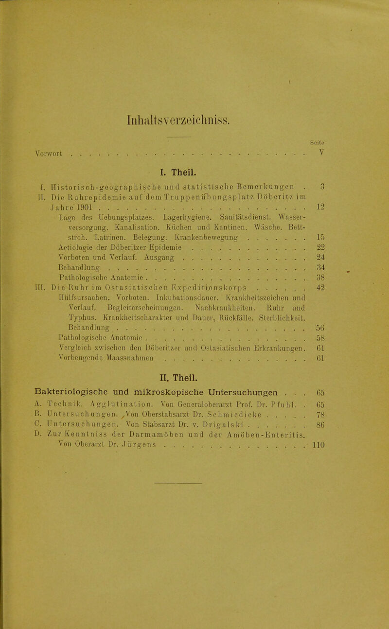 Inhaltsverzoichniss. Seite Vorwort V I. Theil. I. Historisch-geographische und statistische Bemerkungen . 3 II. Die Iluhrepidemie auf dem Truppenü~bungsplatz Döberitz im Jalire 1901 12 Lage des Uebungsplatzes. Lagerliygiene. Sanitätsdienst. Wasser- versorgung. Kanalisation. Küchen und Kantinen. Wäsche. Bett- stroh. Latrinen. Belegung. Krankenbewegung 15 Aetioiogie der Döberitzer Epidemie 22 Vorboten und Verlauf. Ausgang 24 Behandlung 34 Pathologische Anatomie 38 III. Die Ruhr im Ostasiatischen Expeditionskorps 42 Iliilfsursachen. Vorboten. Inkubationsdauer. Krankheitszeichen und Verlauf. Begleiterscheinungen. Nachkrankheiten. Ruhr und Typhus. Krankheitscharakter und Dauer, Rückfälle. Sterblichkeit. Behandlung 56 Pathologische Anatomie 58 Vergleich zwischen den Döberitzer und Ostasiatischen Erkrankungen. 61 Vorbeugende Maassnahmen 61 II. Theil. Bakteriologische und mikroskopische Untersuchungen ... 65 A. Technik. AggiutinatioTi. Von GfCneraloberarzt Prof. Dr. Pfuhl. . 65 B. Untersuchungen. ,Von Oberstabsarzt Dr. Schmiedicke 78 C. Untersuchungen. Von Stabsarzt Dr. v. Dr ig als ki 86 D. Zur Kenntniss der Darmamöben und der Amöben-Enteritis. Von Oberarzt Dr. .Jürgens 110