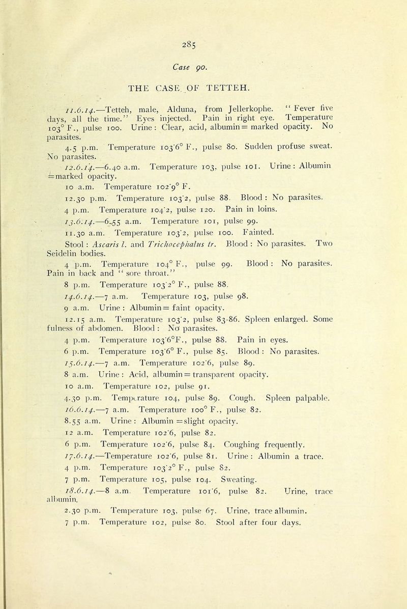 Case go. THE CASE. OF TETTEH. 11.6.14.—Tetteh, male, Alduna, from Jellerkophe. Fever five days, all the time. Eyes injected. Pain in right eye. Teniperature 103° F., pulse 100. Urine: Clear, acid, albumin = marked opacity. No parasites. 4.5 p.m. Temperature io3'6° F., pulse 80. Sudden profuse sweat. No parasites. 12.6.14.—6.40 a.m. Temperature 103, pulse lol. Urine : Albumin = marked opacity. 10 a.m. Temperature io2'9° F. 12.30 p.m. Temperature io32, pulse 88. Blood: No parasites. 4 p.m. Temperature 104*2, pulse 120. Pain in loins. 12.6.14.—6.^55 a.m. Temperature loi, pulse 99. 11.30 a.m. Temperature 103*2, pulse 100. Fainted. Stool : Ascaris I. and TricJiocef halus tr. Blood : No parasites. Two Seidelin bodies. 4 p.m. Temperature 104° F., pulse 99. Blood: No parasites. Pain in back and sore throat. 8 p.m. Temperature 103*2° F., pulse 88. 14.6.14.—7 a.m. Temperature 103, pulse 98. 9 a.m. Urine: Albumin = faint opacity. 12.15 Temperature 103*2, pulse 83-86. Spleen enlarged. vSome fulness of abdomen. Blood : Noi parasites. 4 p.m. Temperature io3*6°F., pulse 88. Pain in eyes. 6 p.m. Temperature 103*6° F., pulse 85. Blood : No parasites. 1^.6.14.—7 a.m. Temperature 102*6, pulse 89. 8 a.m. Urine: Acid, albumin = transparent opacity. 10 a.m. Temperature 102, pulse 91. 4.30 p.m. Temperature 104, pulse 89. Cough. Spleen palpable. 16.6.14.—7 a.m. Temperature 100° F., pulse 82. 8.55 a.m. Urine: Albumin = slight opacity. 12 a.m. Temperature 102*6, pulse 82. 6 p.m. Temperature 102*6, pulse 84. Coughing frequently. iy.6.14.—Temperature 102*6, pulse 81. Urine: Albumin a trace. 4 p.m. Temperature 103*2° F., pulse 82. 7 p.m. Temperature 105, pulse 104. Sweating. 18.6.14.—8 a.m. Temperature ioi*6, pulse 82. Urine, trace albumin. 2.30 p.m. Temperature 103, pulse 67. Urine, trace albumin. 7 p.m. Temperature 102, pulse 80. Stool after four days.