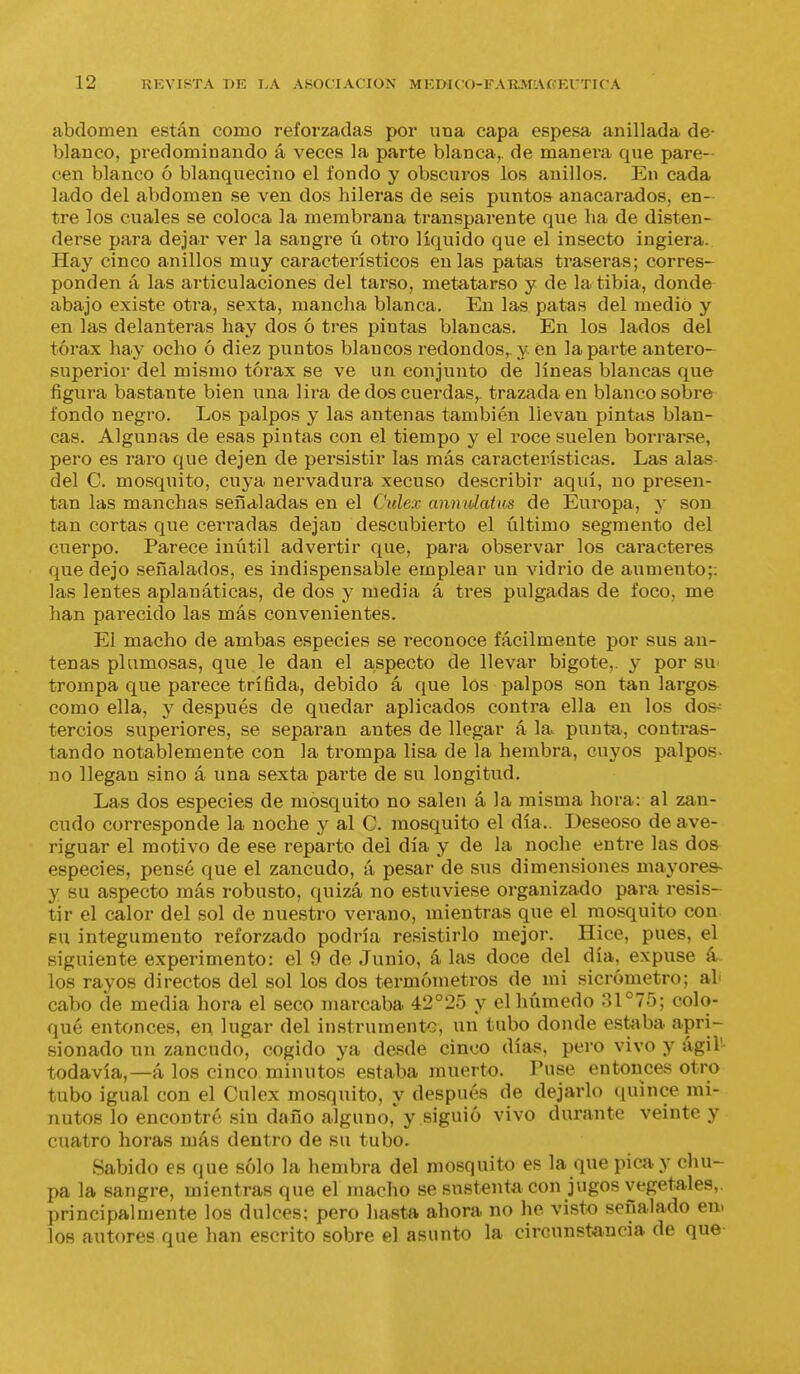 abdomen están como reforzadas por una capa espesa anillada de- blanco, predominando á veces la parte blanca, de manera que pare- cen blanco ó blanquecino el fondo y obscuros los anillos. En cada lado del abdomen se ven dos hileras de seis puntos anacarados, en- tre los cuales se coloca la membrana transparente que ha de disten- derse para dejar ver la sangre ú otro líquido que el insecto ingiera. Hay cinco anillos muy característicos en las patas traseras; corres^ pond en á las articulaciones del tarso, meta tarso y de la tibia, donde abajo existe otra, sexta, mancha blanca. En las patas del medió y en las delanteras hay dos ó tres pintas blancas. En los lados del tórax hay ocho ó diez puntos blancos redondos,, y en la parte antero- superior del mismo tórax se ve un conjunto de líneas blancas que figura bastante bien una lira de dos cuerdas, trazada en blanco sobre fondo negro. Los palpos y las antenas también llevan pintas blan- cas. Algunas de esas pintas con el tiempo y el roce suelen borrarse, pero es raro que dejen de persistir las más características. Las alas del C. mosquito, cuya nervadura xecuso describir aquí, no presen- tan las manchas señaladas en el Culex anmdatiis de Europa, y son tan cortas que cerradas dejan descubierto el último segmento del cuerpo. Parece inútil advertir que, para observar los caracteres que dejo señalados, es indispensable emplear un vidrio de aumento;: las lentes aplanáticas, de dos y media á tres pulgadas de foco, me han pai'ecido las más convenientes. El macho de ambas especies se reconoce fácilmente por sus an- tenas plumosas, que le dan el aspecto de llevar bigote,, y por sU' trompa que parece trífida, debido á que los palpos son tan largos como ella, y después de quedar aplicados contra ella en los dos-- tercios superiores, se separan antes de llegar á la. punta, contras- tando notablemente con la trompa lisa de la hembra, cuyos palpos- no llegan sino á una sexta parte de su longitud. Las dos especies de mosquito no salen á la misma hora: al zan- cudo corresponde la noche y al C. mosquito el día.. Deseoso de ave- riguar el motivo de ese reparto del día y de la noche entre las dos especies, pensé que el zancudo, á pesar de sus dimensiones mayores- y su aspecto más robusto, quizá no estuviese organizado para resis- tir el calor del sol de nuestro verano, mientras que el mosquito con eu integumento reforzado podría resistirlo mejor. Hice, pues, el siguiente experimento: el 9 de Junio, á las doce del día, expuse á. los rayos directos del sol los dos termómetros de mi sicrómetro; al cabo de media hora el seco marcaba 42°25 y el húmedo 31°75; colo- qué entonces, en lugar del instrumente, un tubo donde estaba apri- sionado un zancudo, cogido ya desde cinco días, pero vivo y ágil' todavía,—á los cinco minutos estaba muerto. Puse entonces otro tubo igual con el Culex mosquito, y después de dejarlo (juince mi- nutos lo encontré sin daño alguno,*^ y siguió vivo durante veinte y cuatro horas más dentro de su tubo. Sabido es que sólo la hembra del mosquito es la que pica y chu- pa la sangre, mientras que el macho se sustenta con jugos vegetales,, principalmente los dulces; pero hasta ahora no he visto señalado en. los autores que han escrito sobre el asunto la circunstancia de que