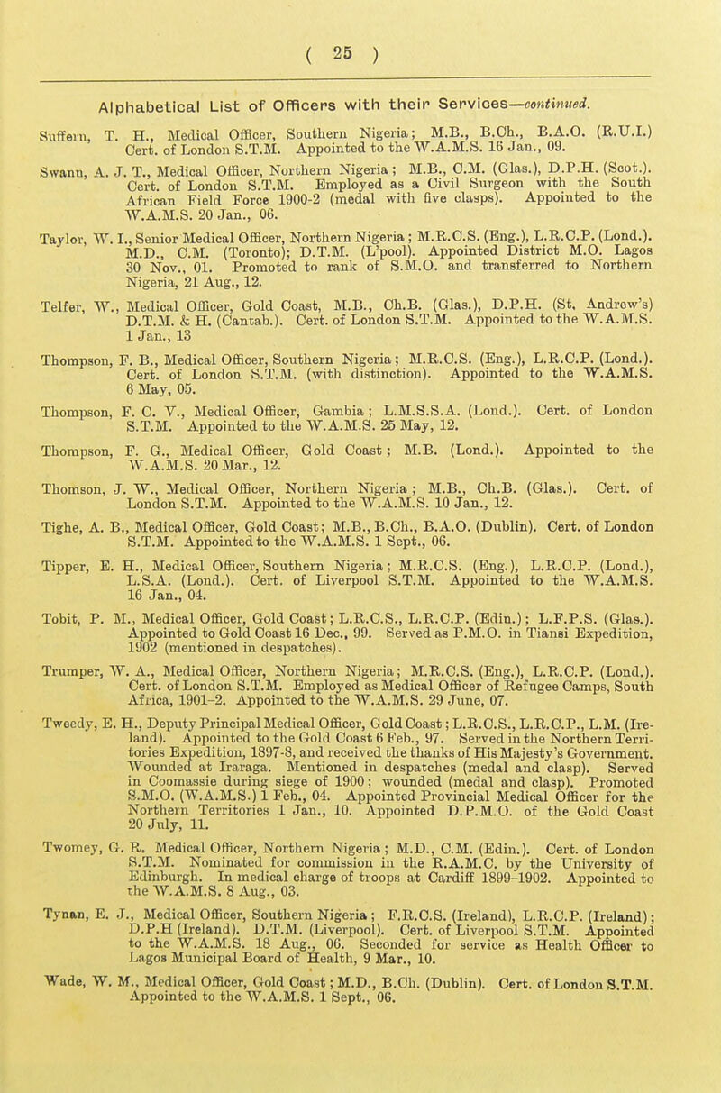 Alphabetical List of Officers with their Ser'wlces—continued. Siifferu, T. H., Medical Officer, Southern Nigeria; M.B., B.Oli., B.A.O. (R.U.I.) Cert, of London S.T.M. Appointed to the W.A.M.S. 16 Jan., 09. Swann, A. J. T., Medical Officer, Northern Nigeria; M.B., CM. (Glas.), D.P.H. (Scot.). Cert, of London S.T.M. Employed as a Civil Surgeon with the South African Field Force 1900-2 (medal with five clasps). Appointed to the W.A.M.S. 20 Jan., 06. Taylor, W. I., Senior Medical Officer, Northern Nigeria ; M.R.C.S. (Eng.), L.R.C.P. (Lend.). M.D., CM. (Toronto); D.T.M. (L'pool). Appointed District M.O. Lagos 30 Nov., 01. Promoted to rank of S.M.O. and transferred to Northern Nigeria, 21 Aug., 12. Telfer, W., Medical Officer, Gold Coast, M.B., Ch.B. (Glas.), D.P.H. (St. Andrew's) D.T.M. & H, (Cantab.). Cert, of London S.T.M. Appointed to the W.A.M.S. 1 Jan., 13 Thompson, F. B., Medical Officer, Southern Nigeria; M.R.C.S. (Eng.), L.R.C.P. (Lond.). Cert, of London S.T.M. (with distinction). Appointed to the W.A.M.S. 6 May, 05. Thompson, F. C. V., Medical Officer, Gambia; L.M.S.S.A. (Lond.). Cert, of London S.T.M. Appointed to the W.A.M.S. 26 May, 12. Thompson, F. G., Medical Officer, Gold Coast; M.B. (Lond.). Appointed to the AV.A.M.S. 20 Mar., 12. Thomson, J. W., Medical Officer, Northern Nigeria ; M.B., Oh.B. (Glas.). Cert, of London S.T.M. Appointed to the AV.A.M.S. 10 Jan., 12. Tighe, A. B., Medical Officer, Gold Coast; M.B.,B.Ch., B.A.O. (Dublin). Cert, of London S.T.M. Appointed to the W.A.M.S. 1 Sept., 06. Tipper, E. H., Medical Officer, Southern Nigeria; M.R.C.S. (Eng.), L.R.C.P. (Lond.), L.S.A. (Lond.). Cert, of Liverpool S.T.M. Appointed to the W.A.M.S. 16 Jan., 04. Tobit, P. M., Medical Officer, Gold Coast; L.R.C.S., L.R.C.P. (Edin.); L.F.P.S. (Glas.). Appointed to Gold Coast 16 Dec, 99. Served as P.M.O. in Tiansi Expedition, 1902 (mentioned in despatches). Trumper, W. A., Medical Officer, Northern Nigeria; M.R.C.S. (Eng.), L.R.C.P. (Lond.). Cert, of London S.T.M. Employed as Medical Officer of Refugee Camps, South Africa, 1901-2. Ajjpointed to the W.A.M.S. 29 June, 07. Tweedy, E. H., Deputy Principal Medical Officer, Gold Coast; L.R.CS., L.R.C.P., L.M. (Ire- land). Appointed to the Gold Coast 6 Feb., 97. Served in the Northern Terri- tories Expedition, 1897-8, and received the thanks of His Majesty's Government. Wounded at Iraraga. Mentioned in despatches (medal and clasp). Served in Coomassie during siege of 1900; wounded (medal and clasp). Promoted S.M.O. (W.A.M.S.) 1 Feb., 04. Appointed Provincial Medical Officer for the Northern Territories 1 Jan., 10. Appointed D.P.M.O. of the Gold Coast 20 July, 11. Twomey, G. R. Medical Officer, Northern Nigeria; M.D., CM. (Edin.). Cert, of London S.T.M. Nominated for commission in the R.A.M.C. by the University of Edinburgh. In medical charge of troops at Cardiff 1899-1902. Appointed to the W.A.M.S. 8 Aug., 03. Tynan, E. J., Medical Officer, Southern Nigeria; F.R.CS. (Ireland), L.R.C.P. (Ireland); D.P.H (Ireland). D.T.M. (Liverpool). Cert, of Liverpool S.T.M. Appointed to the W.A.M.S. 18 Aug., 06. Seconded for service as Health Officer to Lagos Municipal Board of Health, 9 Mar., 10. Wade, W. M., Medical Officer, Gold Coast; M.D., B.Ch. (Dublin). Cert, of London S.T.M. Appointed to the W.A.M.S. 1 Sept., 06.