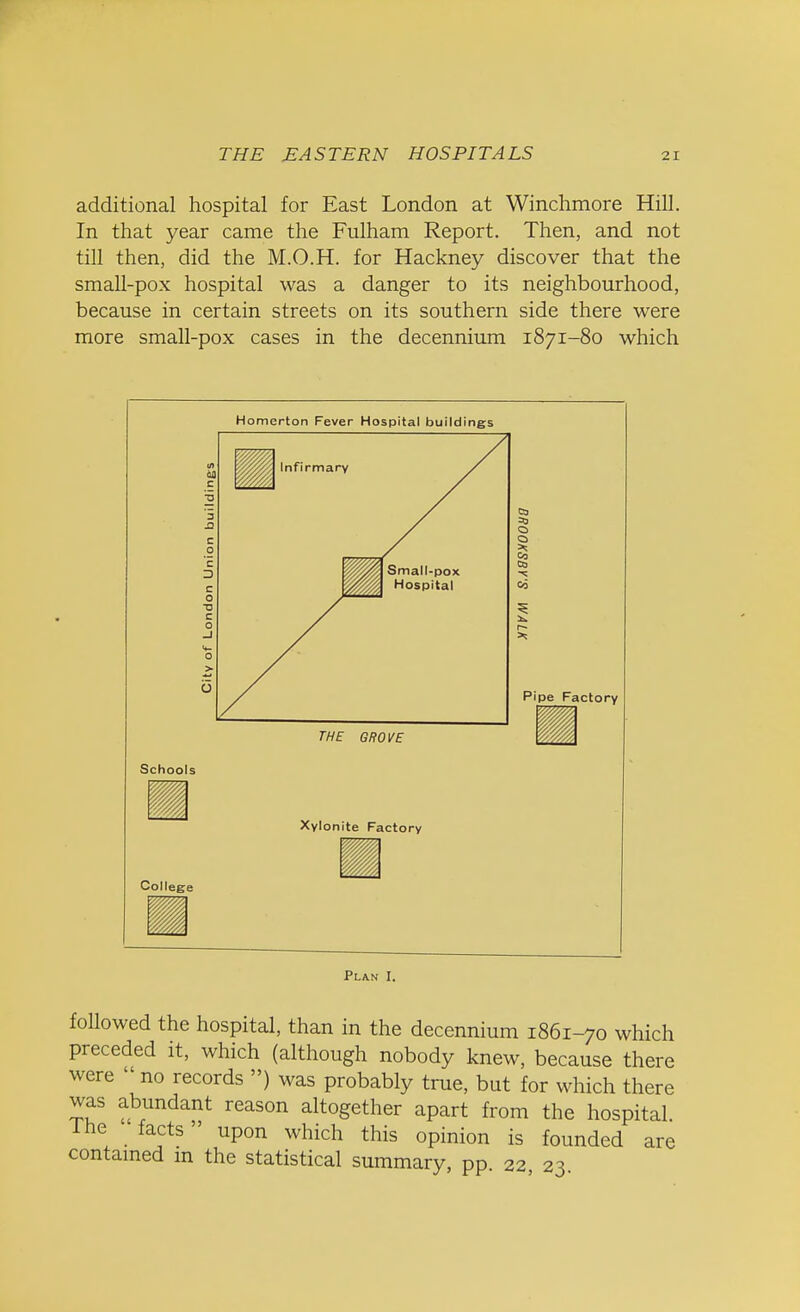 additional hospital for East London at Winchmore Hill. In that year came the Fulham Report. Then, and not till then, did the M.O.H. for Hackney discover that the small-pox hospital was a danger to its neighbourhood, because in certain streets on its southern side there were more small-pox cases in the decennium 1871-80 which Homerton Fever Hospital buildings Plan I. followed the hospital, than in the decennium 1861-70 which preceded it, which (although nobody knew, because there were no records ») was probably true, but for which there was abundant reason altogether apart from the hospital. Ihe facts upon which this opinion is founded are contained in the statistical summary, pp. 22 23