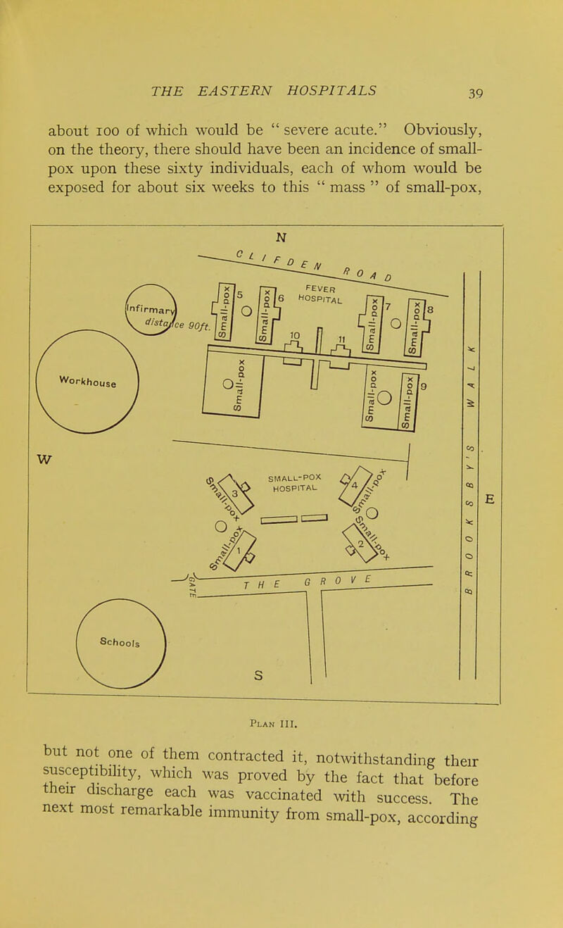 about ioo of which would be  severe acute. Obviously, on the theory, there should have been an incidence of small- pox upon these sixty individuals, each of whom would be exposed for about six weeks to this  mass  of small-pox, Plan III. but not one of them contracted it, notwithstanding their susceptibility, which was proved by the fact that before their discharge each was vaccinated with success The next most remarkable immunity from small-pox, according