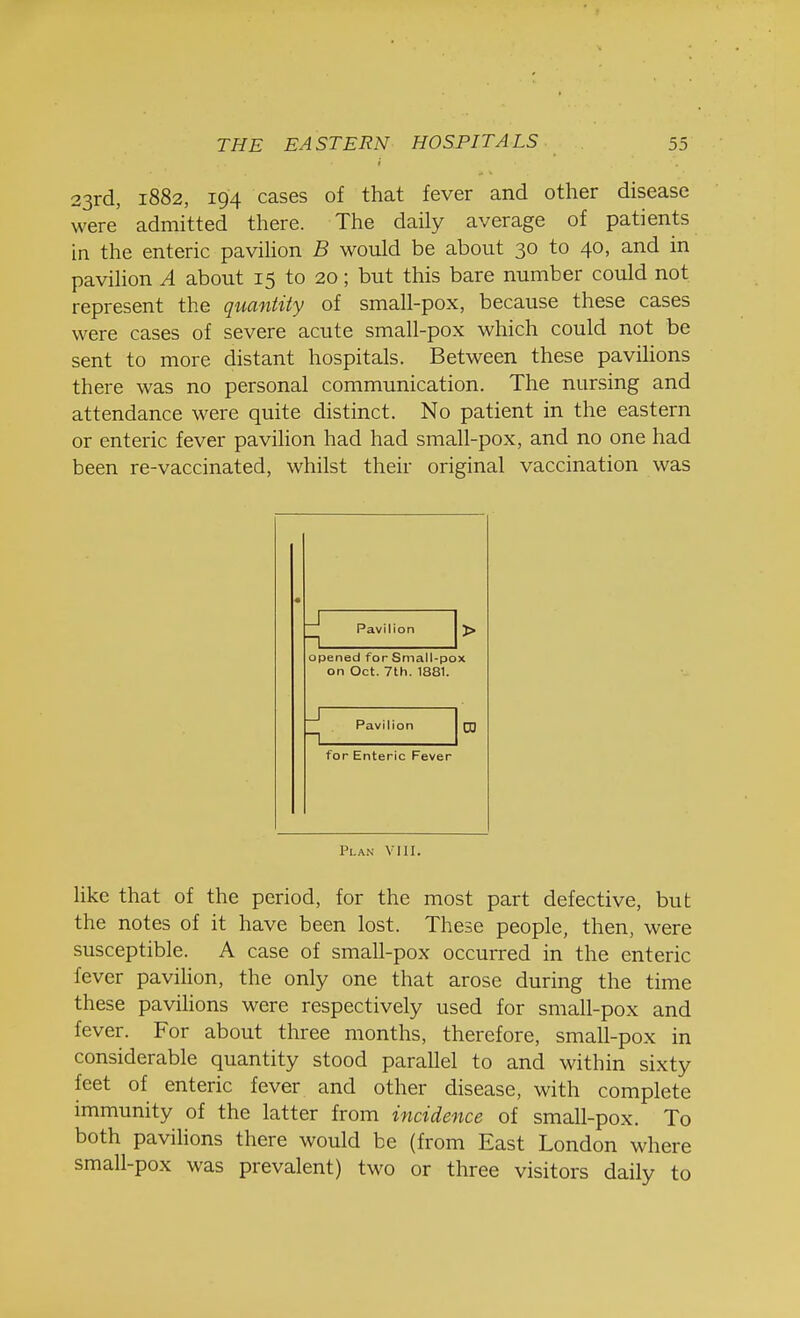 23rd, 1882, 194 cases of that fever and other disease were' admitted there. The daily average of patients in the enteric pavilion B would be about 30 to 40, and in pavilion A about 15 to 20; but this bare number could not represent the quantity of small-pox, because these cases were cases of severe acute small-pox which could not be sent to more distant hospitals. Between these pavilions there was no personal communication. The nursing and attendance were quite distinct. No patient in the eastern or enteric fever pavilion had had small-pox, and no one had been re-vaccinated, whilst their original vaccination was « Pavilion I > opened for Small-pox on Oct. 7th. 1881. Pavilion CD for Enteric Fever Plan VIII. like that of the period, for the most part defective, but the notes of it have been lost. These people, then, were susceptible. A case of small-pox occurred in the enteric fever pavilion, the only one that arose during the time these pavilions were respectively used for small-pox and fever. For about three months, therefore, small-pox in considerable quantity stood parallel to and within sixty feet of enteric fever and other disease, with complete immunity of the latter from incidence of small-pox. To both pavilions there would be (from East London where small-pox was prevalent) two or three visitors daily to