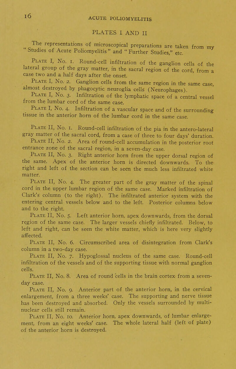 ACUTE POLIOMYELITIS PLATES I AND II The representations of microscopical preparations are taken from my Studies of Acute Poliomyelitis and Further Studies, etc. Plate I, No. i. Round-cell infiltration of the ganglion cells of the lateral group of the gray matter, in the sacral region of the cord, from a case two and a half days after the onset. Plate I, No. 2. Ganglion cells from the same region in the same case, almost destroyed by phagocytic neuroglia cells (Neurophages). Plate I, No. 3- Infiltration of the lymphatic space of a central vessel from the lumbar cord of the same case. Plate I, No. 4. Infiltration of a vascular space and of the surrounding tissue in the anterior horn of the lumbar cord in the same case. Plate II, No. i. Round-cell infiltration of the pia in the antero-lateral gray matter of the sacral cord, from a case of three to four days' duration. Plate II, No. 2. Area of round-cell accumulation in the posterior root entrance zone of the sacral region, in a seven-day case. Plate II, No. 3. Right anterior horn from the upper dorsal region of the same. Apex of the anterior horn is directed downwards. To the right and left of the section can be seen the much less infiltrated white matter. Plate II, No. 4. The greater part of the gray matter of the spinal cord in the upper lumbar region of the same case. Marked infiltration of Clark's column (to the right). The infiltrated anterior system with the entering central vessels below and to the left. Posterior columns below and to the right. Plate II, No. 5. Left anterior horn, apex downwards, from the dorsal region of the same case. The larger vessels chiefly infiltrated. Below, to left and right, can be seen the white matter, which is here very slightly affected. Plate II, No. 6. Circumscribed area of disintegration from Clark's column in a two-day case. Plate II, No. 7. Hypoglossal nucleus of the same case. Round-cell infiltration of the vessels and of the supporting tissue with normal ganglion cells. Plate II, No. 8. Area of round cells in the brain cortex from a seven- day case. Plate II, No. 9. Anterior part of the anterior horn, in the cervical enlargement, from a three weeks' case. The supporting and nerve tissue has been destroyed and absorbed. Only the vessels surrounded by multi- nuclear cells still remain. Plate II, No. 10. Anterior horn, apex downwards, of lumbar enlarge- ment, from an eight weeks' case. The whole lateral half (left of plate) of the anterior horn is destroyed.
