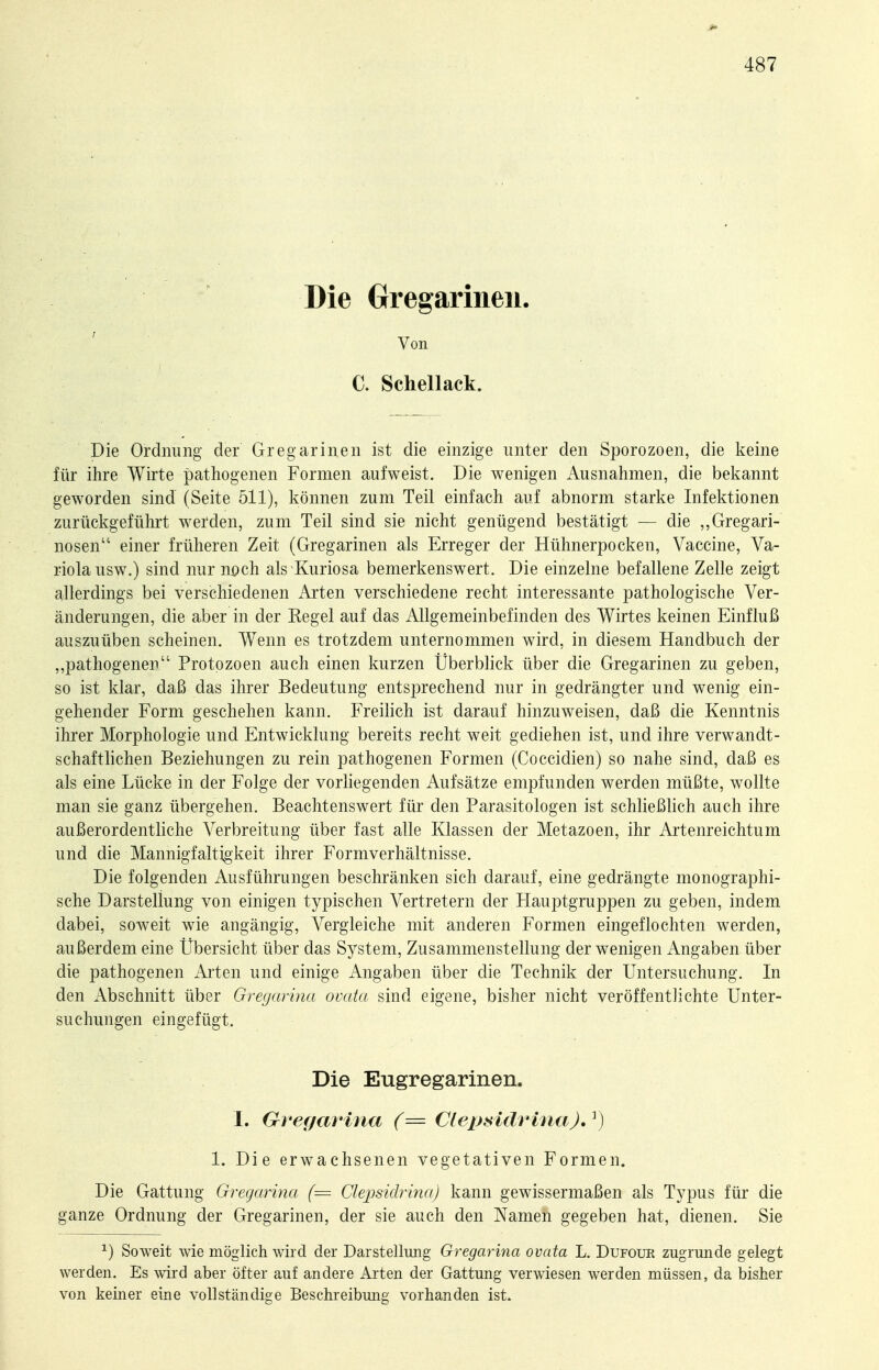 Die Gregarineii. ' Von C. Schellack. Die Ordnung der Gregarinen ist die einzige unter den Sporozoen, die keine für ihre Wirte pathogenen Formen aufweist. Die wenigen Ausnahmen, die bekannt gew^orden sind (Seite 511), können zum Teil einfach auf abnorm starke Infektionen zurückgeführt werden, zum Teil sind sie nicht genügend bestätigt — die ,,Gregari- nosen einer früheren Zeit (Gregarinen als Erreger der Hühnerpocken, Vaccine, Va- riola usw.) sind nur noch als Kuriosa bemerkenswert. Die einzelne befallene Zelle zeigt allerdings bei verschiedenen Arten verschiedene recht interessante pathologische Ver- änderungen, die aber in der Regel auf das Allgemeinbefinden des Wirtes keinen Einfluß auszuüben scheinen. Wenn es trotzdem unternommen wird, in diesem Handbuch der ,,pathogenen Protozoen auch einen kurzen Überblick über die Gregarinen zu geben, so ist klar, daß das ihrer Bedeutung entsprechend nur in gedrängter und wenig ein- gehender Form geschehen kann. Freilich ist darauf hinzuweisen, daß die Kenntnis ihrer Morphologie und Entwicklung bereits recht weit gediehen ist, und ihre verwandt- schaftlichen Beziehungen zu rein pathogenen Formen (Coccidien) so nahe sind, daß es als eine Lücke in der Folge der vorhegenden Aufsätze empfunden werden müßte, wollte man sie ganz übergehen. Beachtenswert für den Parasitologen ist schließlich auch ihre außerordenthche Verbreitung über fast alle Klassen der Metazoen, ihr Artenreichtum und die Mannigfaltigkeit ihrer Formverhältnisse. Die folgenden Ausführungen beschränken sich darauf, eine gedrängte monographi- sche Darstellung von einigen typischen Vertretern der Hauptgruppen zu geben, indem dabei, soweit wie angängig, Vergleiche mit anderen Formen eingeflochten werden, außerdem eine Übersicht über das System, Zusammenstellung der wenigen Angaben über die pathogenen Arten und einige Angaben über die Technik der Untersuchung. In den Abschnitt über Gregarina ovata sind eigene, bisher nicht veröffentlichte Unter- suchungen eingefügt. Die Eugregarinen. 1. Grefßarina (= Clep^iidrinaJ.^) 1. Die erwachsenen vegetativen Formen. Die Gattung Gregarina (= Clepsidrina) kann gewissermaßen als Typus für die ganze Ordnung der Gregarinen, der sie auch den Namen gegeben hat, dienen. Sie ^) Soweit wie möglich wird der Darstellung Gregarina ovata L. Dufouk zugrunde gelegt werden. Es wird aber öfter auf andere Arten der Gattung verwiesen werden müssen, da bisher von keiner eine vollständige Beschreibung vorhanden ist.