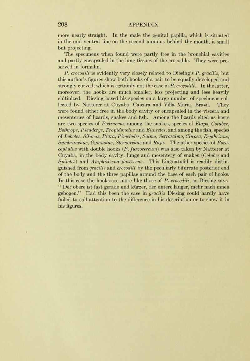 more nearly straight. In the male the genital papilla, which is situated in the mid-ventral hne on the second annulus behind the mouth, is small but projecting. The specimens when found were partly free in the bronchial cavities and partly encapsuled in the lung tissues of the crocodile. They were pre- served in formalin. P. crocodili is evidently very closely related to Diesing's P. gracilis, but this author's figures show both hooks of a pair to be equally developed and strongly curved, which is certainly not the case in P. crocodili. In the latter, moreover, the hooks are much smaller, less projecting and less heavily chitinized. Diesing based his species on a large number of specimens col- lected by Natterer at Cuyaba, Caicara and Villa Maria, Brazil. They were found either free in the body cavity or encapsuled in the viscera and mesenteries of lizards, snakes and fish. Among the lizards cited as hosts are two species of Podinema, among the snakes, species of Flaps, Coluber, Bothrops, Pseuderys, Tropidonoius and Eunectes, and among the fish, species of Lobotes, Silurus, Piara, Pimelodes, Salmo, Serrosalmo, Clupea, Erythrinus, Symbranchus, Gymnotus, Sternarchus and Raja. The other species of Poro- cephalus with double hooks (P. furcocercum) was also taken by Natterer at Cuyaba, in the body cavity, lungs and mesentery of snakes {Coluber and Spilotes) and Amphisbcena flavescens. This Linguatulid is readily distin- guished from gracilis and crocodili by the peculiarly bifurcate posterior end of the body and the three papillae around the base of each pair of hooks. In this case the hooks are more like those of P. crocodili, as Diesing says:  Der obere ist fast gerade und kiirzer, der untere langer, mehr nach innen gebogen. Had this been the case in gracilis Diesing could hardly have failed to call attention to the difference in his description or to show it in his figures.