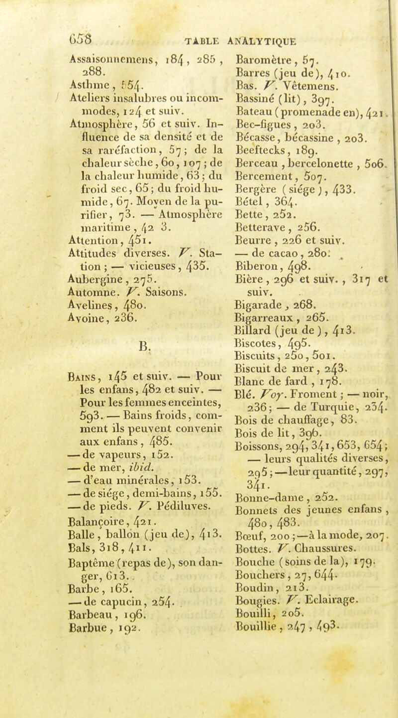 G58 TABLE Assaisonnemens, 184, 285, 288. Asthme, f-54. Ateliers insalubres ou incom- modes, 124 suiv. Atmosphère, 56 et suiv. In- fluence de sa densité et de sa raréfaction, 57; de la chaleur sèche, 60, 107 ; de la chaleur humide, 63 ; du froid sec, 65 ; du froid hu- mide , 67. Moyen de la pu- rifier, 73. —Atmosphèi'e maritime ,42 3. Attention, 451. Attitudes diverses. V. Sta- tion ; — vicieuses, 435. Aubergine ,275. Automne. Saisons. Avelines, 4^0. Avoine, 286. B- Bains, i45 et suiv. — Pour les enfans, 482 et suiv. — Pour les femmes enceintes, SgS. — Bains froids, com- ment ils peuvent convenir aux enfans, 485. — de vapeurs, i52. — de mer, ihid. — d'eau minérales, i53. — de siège, demi-bains, 155. — de pieds. V. Pédiluves. Balançoire, 421. Balle, ballon (jeu de), 4i3. Bals, 3i8, 4ii- Baptême (repas de), son dan- ger, Gi3.. Barbe, i65. — de capucin, 254- Barbeau, 196. Barbue ,192. ArïALYTIQUE Baromètre ,67. Barres (jeu de), 4 10. Bas. V. Vêtemens. Bassiné (lit), 397. Bateau (promenade en), 421. Bec-figues, 2o3. Bécasse, bécassine , 2o3. Beeftecks, 189. Berceau , bercelonette , 5o6. Bercement, 507. Bergère (siège), 433. Bétel, 364. Bette, aSa. Betterave, 256. Beurre , 226 et suiv. — de cacao, 280: Biberon, 498. Bière , 296 et suiv. , 317 et suiv. Bigarade, 268. Bigarreaux, 265. Billard (jeu de ), 4'3. Biscotes, 49^- Biscuits, 25o, 5oi. Biscuit de mer, 243. Blanc de fard , 178. Blé. Voy. Froment ; — noir, 236; — de Turquie, 234- Bois de chauffage, 83. Bois de lit, 396. Boissons, 294,341,653, 654; — leurs quaUtés diverses, 29 5 ; —leur quantité, 297, 341. Bonne-dame, 252. Bonnets des jeunes enfans , 480, 483. Bœuf, 200 ; —à la mode, 207. Bottes. V. Chaussures. Bouche (soins de la), 179. Bouchers, 27, 644- Boudin, 213. Bougies. V. Eclairage. Bouilli, 2o5. Bouillie , 24? > 493-
