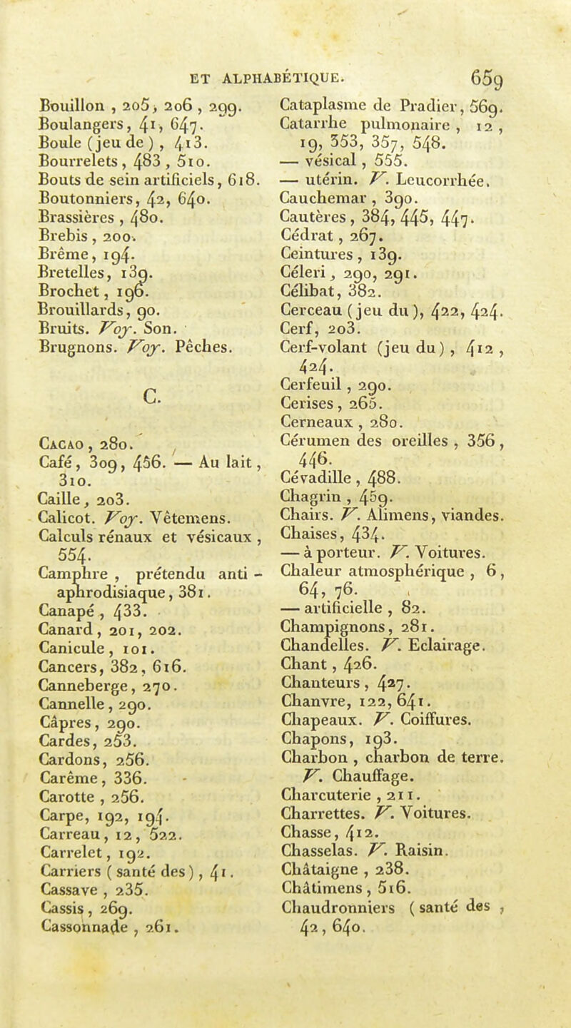 Bouillon , 2o5> 206 , 299. Boulangers, 4i» G47- Boule (jeu de ) , /^iS. Bourrelets , 483 , 5io. Bouts de sein artificiels, 618. Boutonniers, 42, 640. Brassières , 480. Brebis, 200. Brème, 194. Bretelles, i3q. Brochet, 190. Brouillards, 90. Bruits. T^oj. Son. Brugnons. J^oj. Pêches. Cacao , 280. ^ Café, 309, 456. — Au lait, 3io. Caille, 2o3. Calicot. Vof. Vêtemens. Calculs rénaux et vésicaux , 554 Cataplasme de Pradier, 569. Catarrhe pulmonaire , 12 , 19, 553, 357, 548. — vésical, 555. — utérin. V. Leucorrhée. Cauchemar , 390. Cautères , 384, 44^» 447 ' Cédrat, 267. Ceintures, iSg. Céleri, 290, 291. Céhbat, 382. Cerceau (jeu du), 422, 424. Cerf, 2o3. Cerf-volant (jeu du), 4^2, 424. Cerfeuil, 290. Cerises, 26Ô. Cerneaux, 280. Cérumen des oreilles , 356 , 446. CévadiUe, 488. Chagrin , 459- Chairs. V. Alimens, viandes. Chaises, 434- — à porteur. V. Voitures. Camphre , prétendu anti - Chaleur atmosphérique , 6, aphrodisiaque, 38i. Canapé , 433. Canard ,201, 202. Canicule , i o i. Cancers, 882, 616. Canneberge, 270. Cannelle ,290. Câpres, 290. Cardes, 253. Cardons, 256. Carême, 336. Carotte , 256. Carpe, 192, 194. Carreau, 12, 522. Carrelet, 192. Carriers ( santé des ), 4 ' • Cassave , 235. Cassis, 269. Cassonnade , 261. 64, 76. — artificielle , 82. Champignons, 281. Chandelles. V. Eclairage. Chant, 426. Chanteurs, 4*7 • Chanvre, 122,641. Chapeaux. V. Coiffures. Chapons, 193. Charbon , charbon de terre, V. Chauffage. Charcuterie ,211. Charrettes. V. Voitures. Chasse, 412. Chasselas. V. Raisin. Châtaigne , 238. Châtimens, 5ï6. Chaudronniers ( santé des , 42, 640.