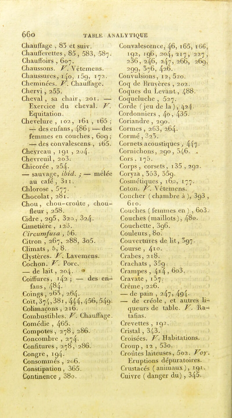 Chauffage , 83 et suiv. Chaufferettes, 85, 583, 587. Chauftbirs , 607. Chaussons. V. Vêtemens. Chaussures, 140, i5g, 172. Cheminées. V. Chauffage. Chervi, 255. Cheval, sa chair, 201. — Exercice du cheval. V. Equitation. Chevelure ,102, i6i , i65 ; — des enfans, 486 ; — des femmes en couches , 60g ; — des convalescens , i65. Chevreau , igi , 204. Chevreuil, 2o3. Chicorée , 254- — sauvage, ibid. — mêlée au café , 3i i. Chlorose ,577. Chocolat, 281. Chou , chou-croûte , chou- fleur , 258. Cidre , 2g5, 820 , 824. Cimetière , 128. Circumfusa , 56. Citron , 267, 288, 3o5. Climats , 5, 8. Clystères. K. Lavemens. Cochon. J^. Porc. — de lait, 204. » Coitfuï-es, 1425 — des en- fans, 4^4- Coings , '?6^, 264. Coït, 37/,, 381, 44 4,4 56,549• Colimaçons ,216. Combustihles. V. Chauffage. Comédie , 4G5. Compotes , 278, 286. Conconxbre , 274. Confitures, 278, 286. Congre, 194. Consommés , 2(.6. Constipation, 365. Continence, 38o. Convalescence, 46, i65, 166, 192, 196, 204, 217 , 227 , 236, 246, 247, 266, 269, 299' 376, 426. Convulsions, i2,52o. Coq de Bruyères ,202. Coques du Levant, 488. Coqueluche , 527. Corde (jeu de la), 424- Cordonniers , 4o, 435. Coriandre , 290. Coi'mes , 263, 264. Cormé , 325. Cornets acoustiques, 447- Cornichons, 2go , 546. . Cors. 175. Corps, corsets, 185,292. Coryza, 353, 359. Cosmétiques, 16.0, 177. Coton, p^. Vêtemens. Coucher ( chambre à ), SgS , 6io. Couches ( femmes en ) , 6o3. Couches (maillots), 4^0. Couchette, 3g6. Couleurs, 80. Couvertures de lit, 397. Course , /^lo. Crabes, 218. Crachats ,359 Crampes , 4^4 » ^o^- Ci'avate, 157. Crème, 226. — de pain , 247, 494- — de créole , et auties li- queurs de table. V. Ra- tafias. Crevettes , 192. Cristal, 343. Croisées. V. Habitations. Croup , 12 , 53o. Croûtes laiteuses, 5o2. /^or- Eruptions dépuratoires. Crustacés (animaux), 191. Cuivre ( danger du), 345.