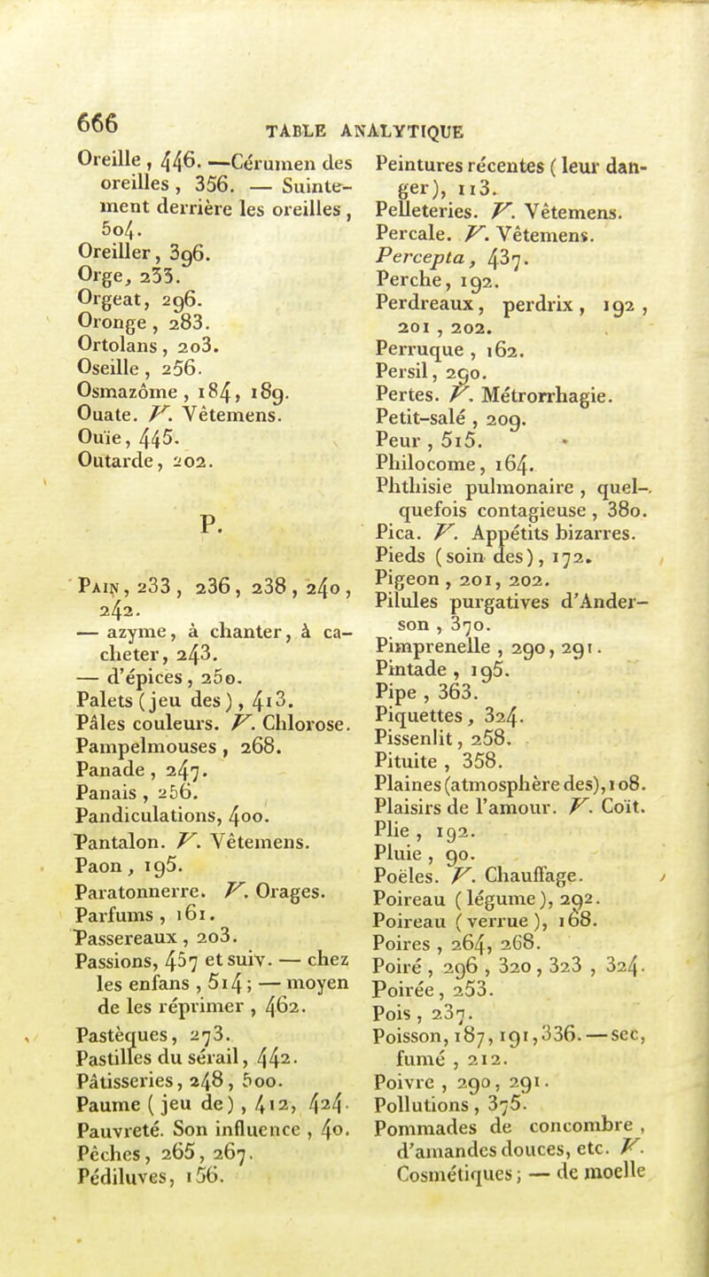 Oreille , 446. —Cé rumen des oreilles , 356, — Suinte- ment derrière les oreilles, 5o4. Oreiller, Sgô. Orge, 253. Orgeat, 296. Oronge , 283. Ortolans, 2o3. Oseille , 236. Osmazôme , 184, i8g. Ouate, J^. Vêtemens. Ouïe, 445- Outai'de, 202. P. Pain , 233 , 236, 238 , 240 , 242- — azyme, à chanter, à ca- cheter, 243. — d'épices, 260. Palets (jeu des), 4i3. Pâles coulem's. V. Chloi'ose. Pampelmouses , 268. Panade ,247* Panais , 2 56. Pandiculations, 4oo. Pantalon, V. Vêtemens, Paon, 195, Paratonnerre. V. Orages- Parfums , 161. Passereaux, 2o3. Passions, 4^7 etsuiv. — chez les enfans , 5i4 ; — moyen de les réprimer , 462. Pastèques, 273, Pastilles du sérail, 442- Pâtisseries, 248, boo. Paume ( jeu de) , 412, 424- Pauvreté. Son influence , ^o. Pêches, 265, 267. Pédiluves, i56. Peintures récentes ( leur dan- ger), Il 3. Pelleteries. V. Vêtemens, Percale. V. Vêtemens, Percepta , 437. Perche, 192, Perdreaux, perdrix , 192 , 201 , 202. Perruque , 162. Persil, 290. Pertes, P. Métrorrhagie. Petit-salé , 209. Peur , 5i5. Philocome, 164. Phthisie pulmonaire , quel-, quefois contagieuse, 38o. Pica. J^, Appétits bizarres. Pieds (soin des), 172. Pigeon , 201, 202. Pilules purgatives d'Ander- sen , 370. Pimprenelle , 290, 2g i. Pintade , ig5. Pipe , 363. Piquettes, 324. Pissenlit, 258. Pituite , 358. Plaines (atmosphère des), 108. Plaisirs de l'amour. V. Coït. Plie , 192. Pluie , go. Poêles. J^. Chaufl'age. Poireau (légume), 292. Poireau (veri'ue), j68. Poires , 264, 268. Poiré , 296 , 320 , 323 , 324. Poirée, 253. Pois, 237, Poisson, 187, igi,336. — sec, fumé ,212. Poivre , 2go, 2gi. Pollutions, 375. Pommades de concombre , d'amandes douces, etc. V. Cosmétiques ; — de moelle
