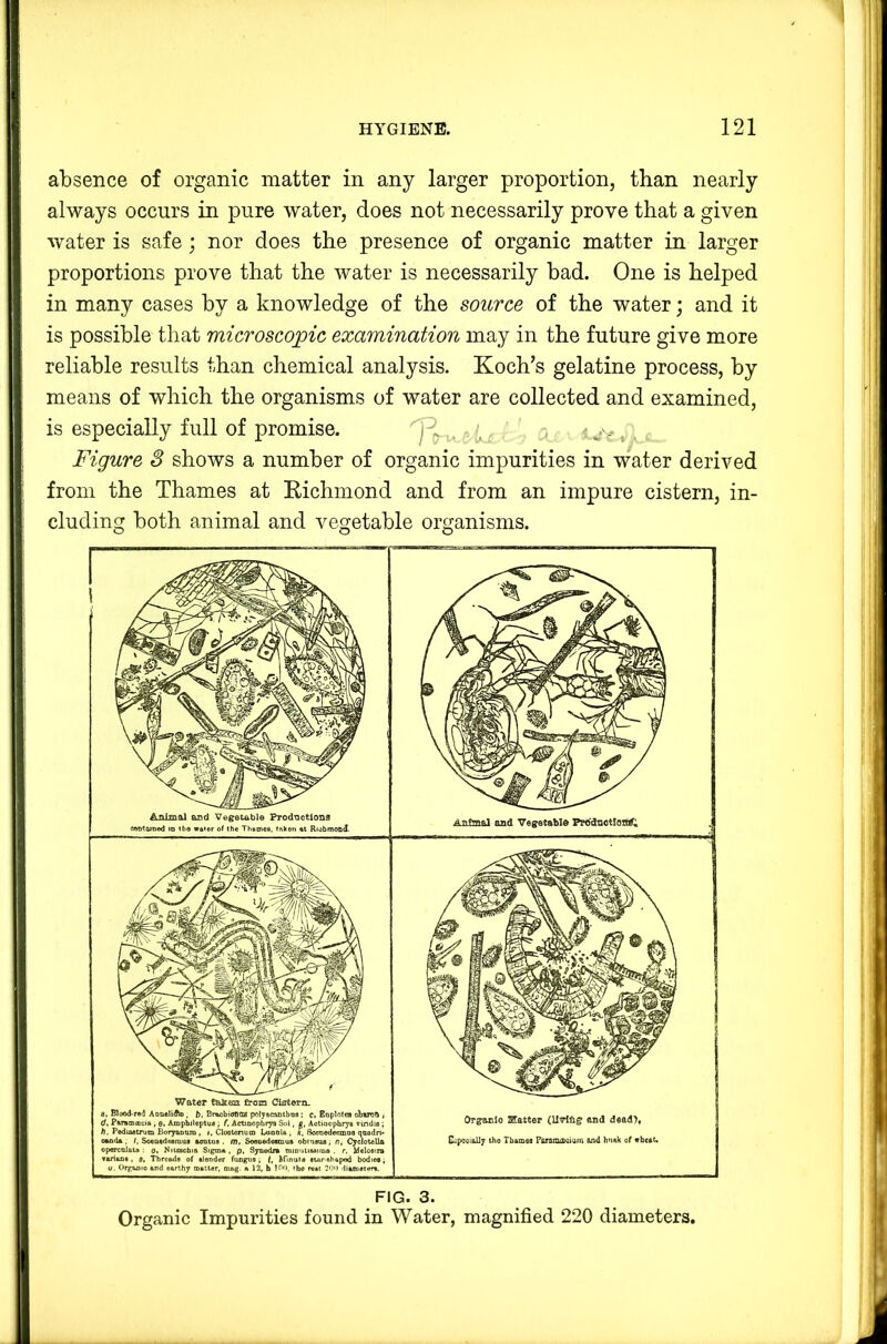 absence of organic matter in any larger proportion, than nearly always occurs in pure water, does not necessarily prove that a given water is safe; nor does the presence of organic matter in larger proportions prove that the water is necessarily bad. One is helped in many cases by a knowledge of the source of the water; and it is possible that microscopic examination may in the future give more reliable results than chemical analysis. Koch’s gelatine process, by means of which the organisms of water are collected and examined, is especially full of promise. \ ^ Figure 3 shows a number of organic impurities in water derived from the Thames at Eichmond and from an impure cistern, in- cluding both animal and vegetable organisms. Animal asd Vegetable Prodoctlonfl MDt&inod ID i()d water of the ThemeB, tnheii at Riobmoad ATtfvrtftl and Vegetable PK'dtiotlofi^ Water taken from Ciiitern. d, Blood-red AoDelidb , b, Braobio&ttg pol^acaotbaa ; Ci Eoplotoi oliUTrO « d, Pftnisscia , s, Ampbileptua ; f, Actmopbryo Sol, g, AotiaophryB vindie ; ft. PedtOBtruiD BoryaoDiD , i. CloetonuiD LodoU , jT, SceaodetimoQ qoadn* cwoda, f. Sc«Q4doflraua aeotos , m. Soeo«de«tDua obtnausi n, C^clotella oporcolatao, Nittscbia Sigma, p, STOodn miDulieaima . r. Melosira faHaoi, 9, Threads of alonder fungus; f, ifinuta etar-ehapod bodie* - u. Org&Dio and earthy matter, coAg. a 12, b ICO, iho reec 200 diatneters. Organic Matter (Uring and dead), C^pcoiall^ tho Thames Paramscidm and husk of vbeaU FIG. 3. Organic Impurities found in Water, magnified 220 diameters.