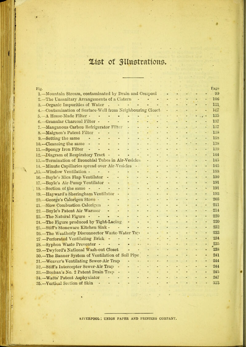 I •« , e '> • ■ 2Lfst of SUustrations. Fig. . Page 1. —IVrountain Stream, contaminated by Drain and Cesspool ... - - 99 2. —The Unsanitary Arrangements of a Cistern - lOG f 3.—Organic Impurities of Water 121 4. —Contamination of Surface-Well from Neighbouring Closet 1-27 5. —A Home-Made Filter 135 6. —Granular Charcoal Filter - 137 7. —Manganous Carbon Refrigerator Filter 137 8. —Maignen’s Patent Filter 13S 9. —Setting the same 138 10. —Cleansing the same - 138 11. —Spongy Iron Filter .. 139 12. —Diagram of Respiratory Tract - - - - - - 144 13. —Termination of Bronchial Tubes in Air-Vesicles 145 14. —Minute Capillaries spread over Air-Vesicles - 145 ,15.—Window Ventilation 188 16. —Boyle’s Mica Flap Ventilator 190 17. —Boyle’s Air-Pump Ventilator - 191 ,18.—Section of the same 191 19. —Hayward’s Sheringham Ventilator - - 193 20. —George’s Calorigen Stove 203 21. —Slow Combustion Calorigen 211 22. —Boyle’s Patent Air Warmer 214 23. —The-Natural Figure 220 24. —The Figure produced by Tight-Lacing 220 25. —Stiff’s Stoneware Kitchen Sink 232 26. —The Weatherly Disconnector Waste-Water Tap 233 27—Perforated Ventilating Brick 234 28. —Syphon Waste Preventer ^235 29. —Twyford’s National Wash-out Closet 238 30. —^The Banner System of Ventilation of Soil Pipe 241 31. —Weaver’s Ventilating Sewer-Air Trap - - - 244 32. —Stiff’s Intercepter Sewer-Air Trap 244 33. —Buchan’s No. 2 Patent Drain Trap 245 34. —Watts’ Patent Asphyxiator 247 35. —Vertical Section of Skin 33.3 LlVERPOOIi: UNION PAPER AND PRINTING COMPANY.