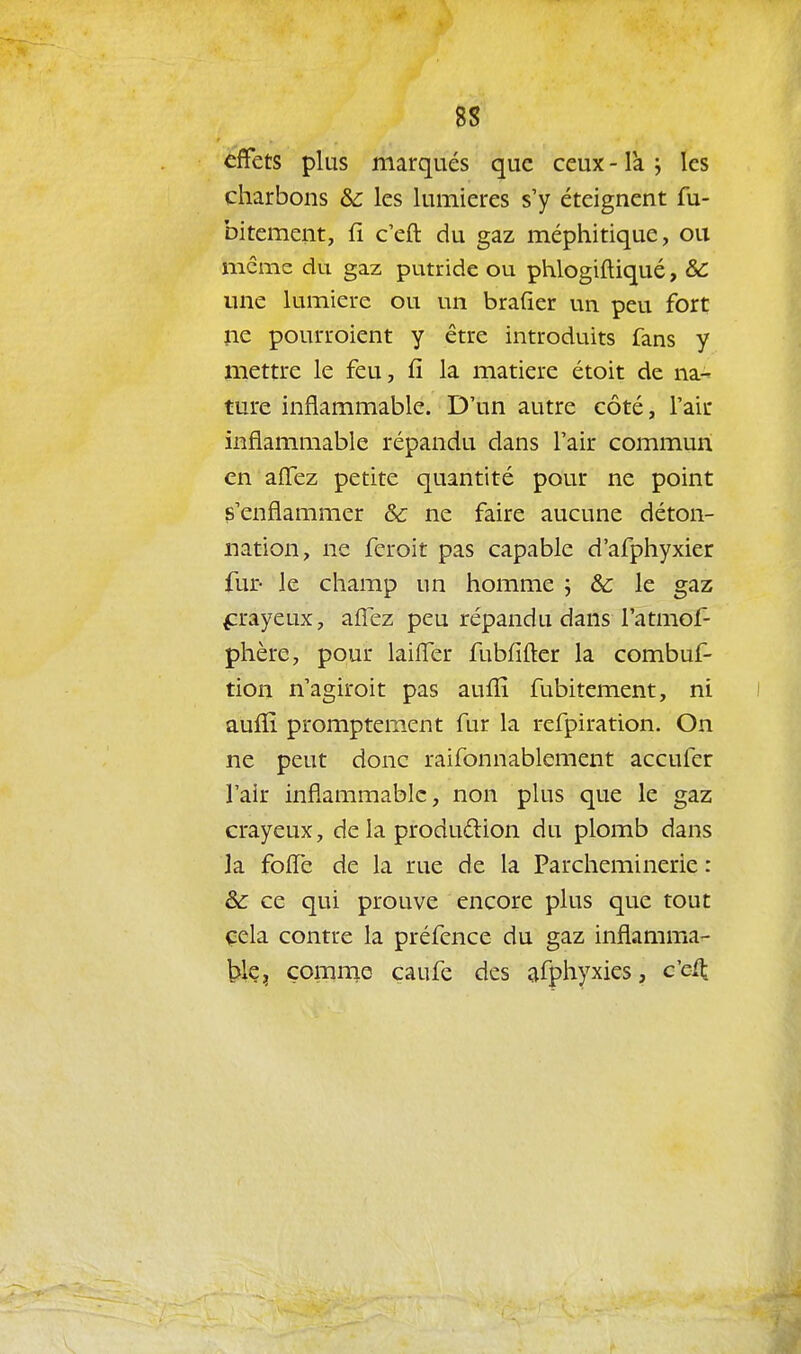 effets plus marqués que ceux - Ta ; les charbons & les lumières s'y éteignent fu- bitement, fi c'eft du gaz méphitique, ou même du gaz putride ou phlogiftiqué, & une lumière ou un brafier un peu fort jie pourroient y être introduits fans y mettre le feu, fi la matière étoit de na- ture inflammable. D'un autre côté, l'air inflammable répandu dans l'air commun en afl^ez petite quantité pour ne point s'enflammer &: ne faire aucune déton- nation, ne feroit pas capable d'afphyxier fur- le champ un homme ; & le gaz ^zrayeux, aflez peu répandu dans l'atmof- phère, pour laiffer fubfifter la combuf- tion n'agiroit pas aufli fubitement, ni auflî promptement fur la refpiration. On ne peut donc raifonnablement accufer l'air inflammable, non plus que le gaz crayeux, de la produdion du plomb dans la fofle de la rue de la Parcheminerie : & ce qui prouve encore plus que tout çela contre la préfence du gaz inflamma- ble, çomrne çaufe des afphyxies, c'eit