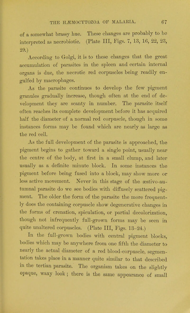 of a somewhat brassy hue. These changes are probably to be interpreted as necrobiotic. (Plate III, Figs. 7, 13, 16, 22, 23, 29.) According to Golgi, it is to these changes that the great accumulation of parasites in the spleen and certain internal organs is due, the necrotic red corpuscles being readily en- gulfed by macrophages. As the parasite continues to develop the few pigment granules gradually increase, though often at the end of de- velopment they are scanty in number. The j>arasite itself often reaches its complete development before it has acquired half the diameter of a normal red corpuscle, though in some instances forms may be found which are nearly as large as the red cell. As the full development of the parasite is approached, the pigment begins to gather toward a single point, usually near the centre of the body, at first in a small clump, and later usually as a definite minute block. In some instances the pigment before being fused into a block, may show more or less active movement. Never in this stage of the sestivo-au- tumnal parasite do we see bodies with diffusely scattered pig- ment. The older the form of the parasite the more frequent- ly does the containing corpuscle show degenerative changes in the forms of crenation, spiculation, or partial decolorization, though not infrequently full-grown forms may be seen in quite unaltered corpuscles. (Plate III, Figs. 13-24.) In the full-grown bodies with central pigment blocks, bodies which may be anywhere from one fifth the diameter to nearly the actual diameter of a red blood-corpuscle, segmen- tation takes place in a manner quite similar to that described in the tertian parasite. The organism takes on the slightly opaque, waxy look ; there is the same appearance of small