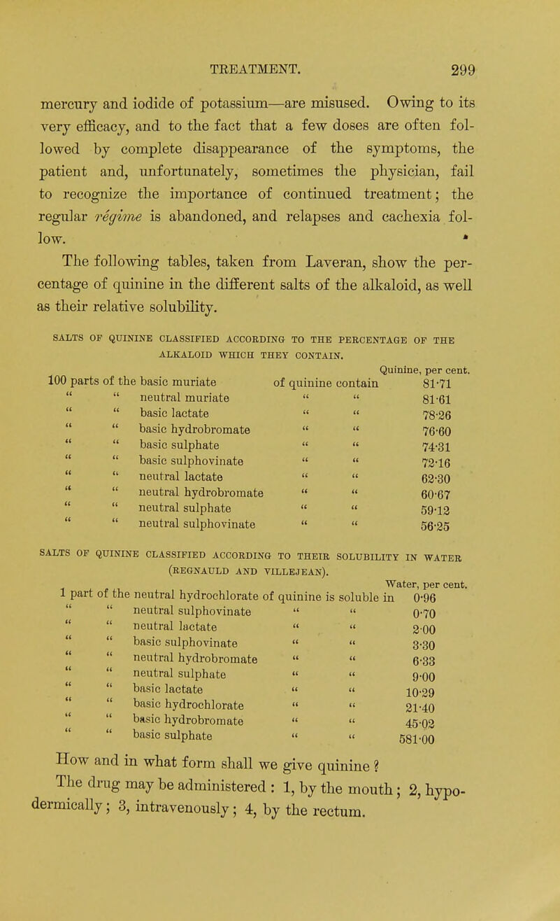 mercury and iodide of potassium—are misused. Owing to its very efficacy, and to the fact that a few doses are often fol- lowed by complete disappearance of the symptoms, the patient and, unfortunately, sometimes the physician, fail to recognize the importance of continued treatment; the regular regime is abandoned, and relapses and cachexia fol- low. * The following tables, taken from Laveran, show the per- centage of quinine in the different salts of the alkaloid, as well as their relative solubility. SALTS OF QUININE CLASSIFIED ACCORDING TO THE PERCENTAGE OF THE ALKALOID WHICH THEY CONTAIN. Quinine, per cent. 100 parts of the basic muriate of quinine contain 81-71 neutral muriate   81-61 basic lactate   78-26 basic hydrobromate   76-60 basic sulphate   74-31 basic sulphovinate   72-16 neutral lactate   62-30 neutral hydrobromate   60-67 neutral sulphate   59-12 neutral sulphovinate   56-25 SALTS OF QUININE CLASSIFIED ACCORDING TO THEIR SOLUBILITY IN WATER (REGNAULD AND VILLEJEAN). Water, per cent. 1 part of the neutral hydrochlorate of quinine is soluble in 0-96  neutral sulphovinate   0-70  neutral lactate  « 2 00  basic sulphovinate   3-30  neutral hydrobromate   6-33  neutral sulphate   9-00  basic lactate   10-29  basic hydrochlorate   21-40  basic hydrobromate   45-02  basic sulphate  « 581-00 How and in what form shall we give quinine ? The drug may be administered : 1, by the mouth; 2, hypo- dermically; 3, intravenously; 4, by the rectum.