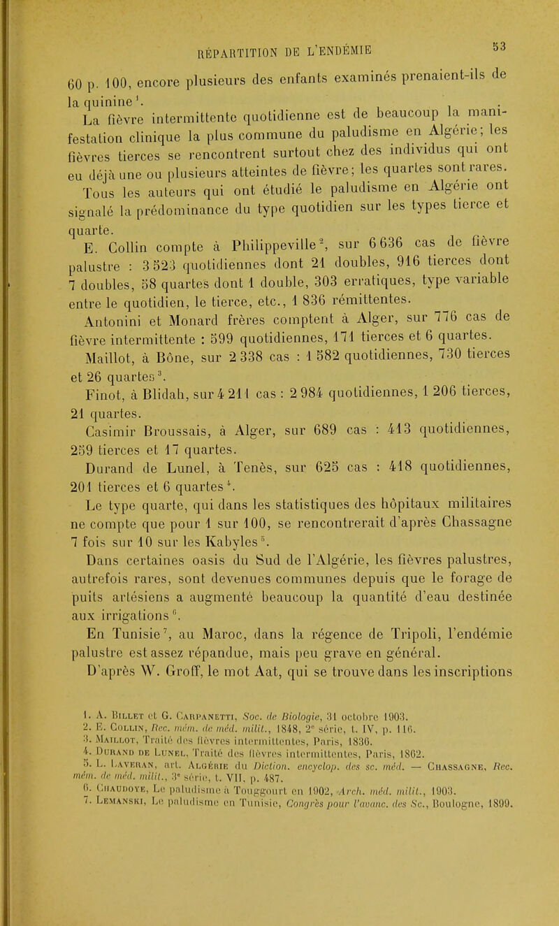 60 p. 100, encore plusieurs des enfants examinés prenaient-ils de la quinine1. La fièvre intermittente quotidienne est de beaucoup la mani- festation clinique la plus commune du paludisme en Algérie; les fièvres tierces se rencontrent surtout chez des individus qui ont eu déjà une ou plusieurs atteintes de fièvre; les quartes sont rares. Tous les auteurs qui ont étudié le paludisme en Algérie ont signalé la prédominance du type quotidien sur les types tierce et quarte. E. Gollin compte à Philippeville \ sur 6 636 cas de fièvre palustre : 3 523 quotidiennes dont 21 doubles, 916 tierces dont 1 doubles, 58 quartes dont 1 double, 303 erratiques, type variable entre le quotidien, le tierce, etc., 1 836 rémittentes. Antonini et Monard frères comptent à Alger, sur 176 cas de fièvre intermittente : 599 quotidiennes, 111 tierces et 6 quartes. Maillot, à Bône, sur 2 338 cas : 1 582 quotidiennes, 130 tierces et 26 quartes3. Finot, à Blidah, sur 4 211 cas : 2 984 quotidiennes, 1 206 tierces, 21 quartes. Casimir Broussais, à Alger, sur 689 cas : 413 quotidiennes, 259 tierces et 17 quartes. Durand de Lunel, à Tenès, sur 625 cas : 418 quotidiennes, 201 tierces et 6 quartes Le type quarte, qui dans les statistiques des hôpitaux militaires ne compte que pour 1 sur 100, se rencontrerait d'après Chassagne 1 fois sur 10 sur les Kabyles s. Dans certaines oasis du Sud de l'Algérie, les fièvres palustres, autrefois rares, sont devenues communes depuis que le forage de puits artésiens a augmenté beaucoup la quantité d'eau destinée aux irrigations °. En Tunisie7, au Maroc, dans la régence de Tripoli, l'endémie palustre est assez répandue, mais peu grave en général. D'après W. Groiï, le mot Aat, qui se trouve dans les inscriptions 1. A. Billet cl G. Carpanetti, Soc. de Biologie, :il octobre 1903. 2. E. Gollin, Rec. mém. de «,,=,/. miliL, 1848, 2 série, t. IV. p. 116. :i. Maillot, Traité des (lôvres intermittentes, Paris, L836. 4. Durand dp. Lunel, Traité des fièvres intermittentes, Paris, 1862. •>. L. I.aveuan, art. Algérie du Diction, encyclop. des se. méd. — Chassagne, Rec, mém. de méd. milit., :!': série, t. VII. p. 487. 0. Chaudoïe, Le paludisme à Tougg I en 1902, Arch. méd. milit., 1903. L Lemanski, Le paludisme en Tunisie, Congrès pour l'aoanc. des s,-., Boulogne, 1S99.