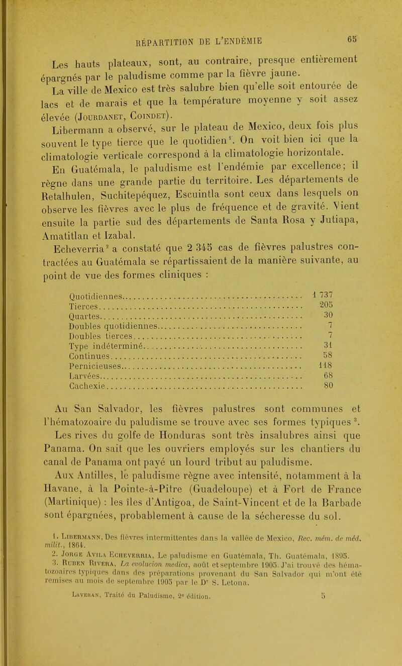 Les hauts plateaux, sont, au contraire, presque entièrement épargnés par le paludisme comme par la fièvre jaune. La ville de Mexico est très salubre bien qu'elle soit entourée de lacs et de marais et que la température moyenne y soit assez élevée (Jourdanet, Coindet). Libermann a observé, sur le plateau de Mexico, deux fois plus souvent le type tierce que le quotidien1. On voit bien ici que la climatologie verticale correspond à la climatologie horizontale. En Guatémala, le paludisme est l'endémie par excellence; il règne dans une grande partie du territoire. Les départements de Retalhulen, Suchitepéquez, Escuintla sont ceux dans lesquels on observe les fièvres avec le plus de fréquence et de gravité. Vient ensuite la partie sud des départements de Santa Rosa y Jutiapa, Amatitlan et Izabal. Echeverria2 a constaté que 2 345 cas de fièvres palustres con- tractées au Guatémala se répartissaient de la manière suivante, au point de vue des formes cliniques : Quotidiennes 1 '37 Tierces 205 Quartes 30 Doubles quotidiennes 7 Doubles tierces 7 Type indéterminé 31 Continues 58 Pernicieuses 118 Larvées 68 Cachexie 80 Au San Salvador, les fièvres palustres sont communes et l'hématozoaire du paludisme se trouve avec ses formes typiques 3. Les rives du golfe de Honduras sont très insalubres ainsi que Panama. On sait que les ouvriers employés sur les chantiers du canal de Panama ont payé un lourd tribut au paludisme. Aux Antilles, le paludisme règne avec intensité, notamment à la Havane, à la Pointe-à-Pitre (Guadeloupe) et à Fort de France (Martinique) : les îles d'Antigoa, de Saint-Vincent et de la Barbade sont épargnées, probablement à cause de la sécheresse du sol. 1. Libermann,Des lièvres intermittentes dans lu vallée de Mexico, Rec. mém. de méd. mïlit, 1864. 2. Jorge Avila Echeverria, Le paludisme en Guatémala, Th. Guatémala, 1895. 3. Ruben Rivera, La évolution medica, aoûl etseptembre 1905. J'ai trouvé des héma- tozoaires typiques dans des préparations provenant du San Salvador qui m'onl été remises au mois de septembre 1905 par le IV s. Letona.