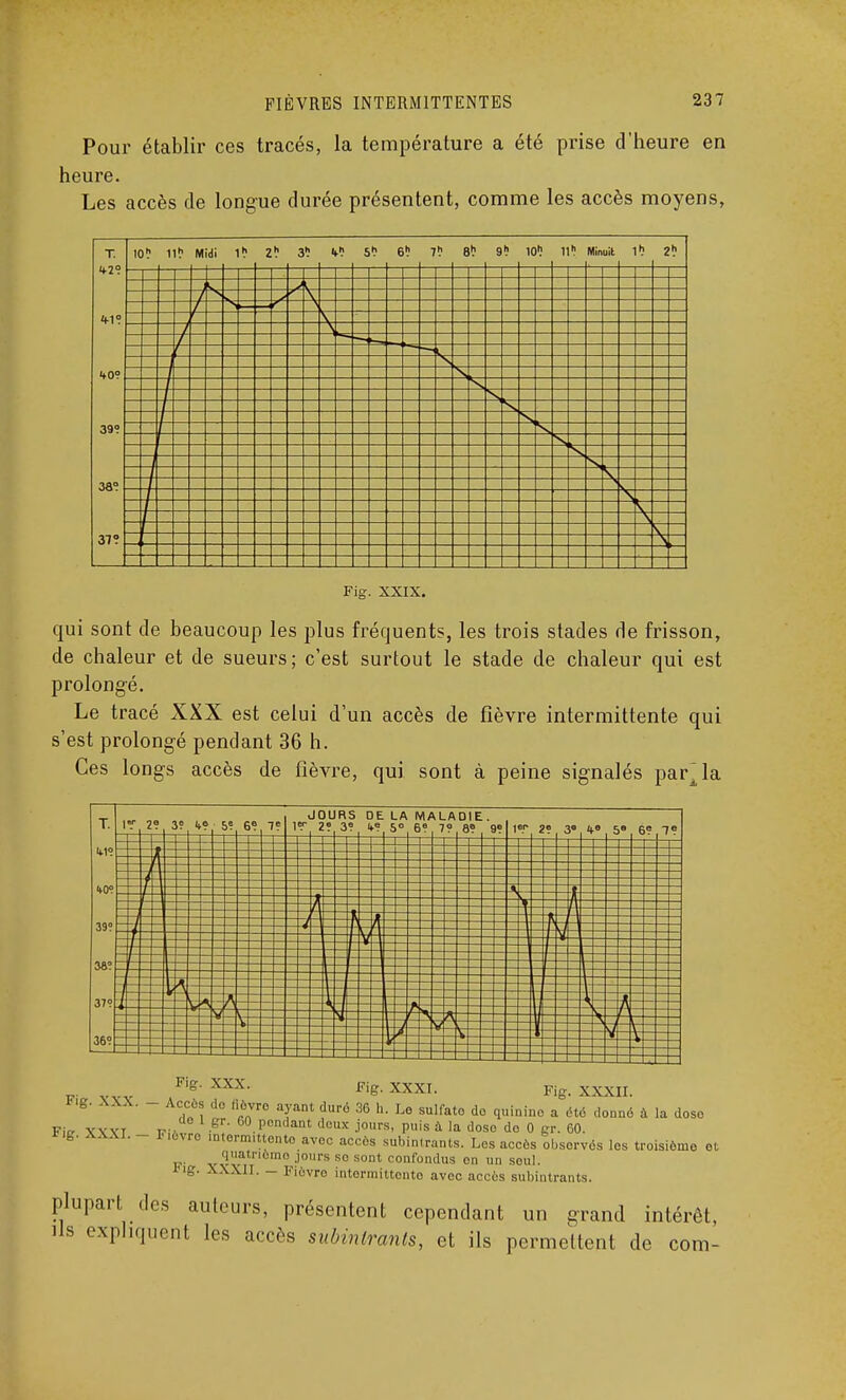 Pour établir ces tracés, la température a été prise d'heure en heure. Les accès de longue durée présentent, comme les accès moyens, M 39° 33 37° 10? 1 M di 1 2 h 3 î e 7 h e f 9 h IC 1 «. Mm uit 1 h 2 h / / f- s 7 / -| i t Fig. XXIX. qui sont de beaucoup les plus fréquents, les trois stades de frisson, de chaleur et de sueurs ; c'est surtout le stade de chaleur qui est prolongé. Le tracé XXX est celui d'un accès de fièvre intermittente qui s'est prolongé pendant 36 h. Ces longs accès de fièvre, qui sont à peine signalés parla 2? 3? If? 5? 6? 7? JOURS DELA MALADIE. 1T, 2? 3? it? 5° 6? 7? 8? 9? ier> 2e 3e i,.e 59 6? 7? f- wv Fif?' XXX' Fig'XXXL Fie- xxxh. *.g. XXX. - Accès ,1. fièvre ayant duré 36 h. Le sulfate do quinine a été donné à la dose Fi„ vvvt r-. 1 >'r- °°.Pcndant dcux jours, pu,s à la doso do 0 gr. 60. *ig. XXXI. - F.evro intorm.ttonto avec accès subintrants. Les accès observés les troisième et quatrième jours so sont confondus on un seul. Dig. XXXII. - Fièvre intermittente avec accès subintrants. plupart des auteurs, présentent cependant un grand intérêt, ils expliquent les accès subintrants, et ils permettent de corn-