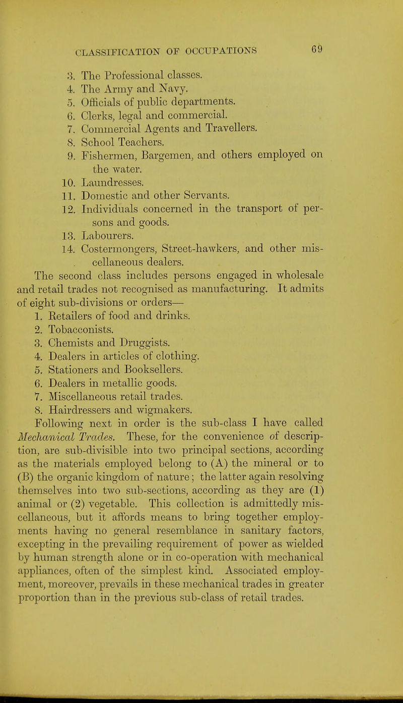 3. The Professional classes. 4. The Army and Navy. 5. Officials of public departments. G. Clerks, legal and commercial. 7. Commercial Agents and Travellers. 8. School Teachers. 9. Fishermen, Bargemen, and others employed on the water, 10. Laundresses. 11. Domestic and other Servants. 12. Individuals concerned in the transport of per- sons and goods, 13. Labourers. 14. Costermongers, Street-hawkers, and other mis- cellaneous dealers. The second class includes persons engaged in wholesale and retail trades not recognised as manufacturing. It admits of eight sub-divisions or orders— 1. Retailers of food and drinks. 2. Tobacconists. 3. Chemists and Druggists. 4. Dealers in articles of clothing. 5. Stationers and Booksellers. 6. Dealers in metallic goods. 7. Miscellaneous retail trades. 8. Hairdressers and wigmakers. FoUowinof next in order is the sub-class I have called Mechanical Trades. These, for the convenience of descrip- tion, are sub-divisible into two principal sections, according as the materials employed belong to (A) the mineral or to (B) the organic kingdom of nature; the latter again resolving themselves into two sub-sections, according as they are (1) animal or (2) vegetable. This collection is admittedly mis- cellaneous, but it affords means to bring together employ- ments having no general resemblance in sanitary factors, excepting in the prevailing requirement of power as wielded by human strength alone or in co-operation with mechanical appliances, often of the simplest kind. Associated employ- ment, moreover, prevails in these mechanical trades in greater proportion than in the previous sub-class of retail trades.