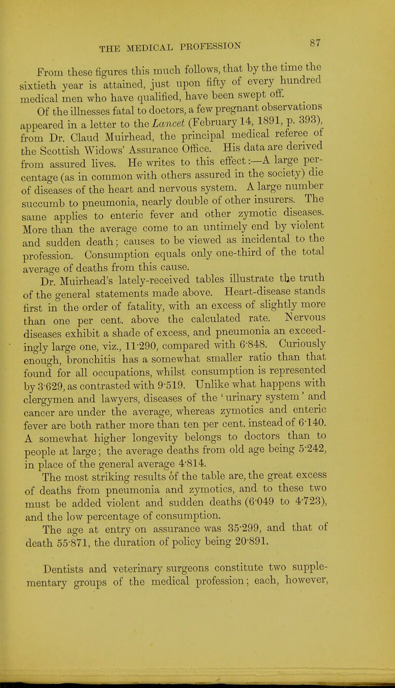 From these figures this much follows, that by the time the sixtieth year is attained, just upon fifty of every hundred medical men who have qualified, have been swept off. _ Of the iUnesses fatal to doctors, a few pregnant observations appeared in a letter to the Lancet (February 14, 1891, p. 893) fi'om Dr. Claud Muirhead, the principal medical referee of the Scottish Widows' Assurance Office. His data are derived from assured Hves. He \^a•ites to this eff'ect:—A large per- centage (as in common with others assured in the society) die of diseases of the heart and nervous system. A large number succumb to pneumonia, nearly double of other insurers. The same apphes to enteric fever and other zymotic diseases. More than the average come to an untimely end by violent and sudden death; causes to be viewed as incidental to the profession. Consumption equals only one-third of the total average of deaths from this cause. Dr. Muirhead's lately-received tables illustrate the truth of the o-eneral statements made above. Heart-disease stands first in the order of fatality, with an excess of slightly more than one per cent, above the calculated rate. Nervous diseases exhibit a shade of excess, and pneumonia an exceed- ingly large one, viz., 11-290, compared with 6-848. Curiously enough, bronchitis has a somewhat smaller ratio than that found for all occupations, whilst consumption is represented by 3-629, as contrasted with 9-519. Unlike what happens with clergymen and lawyers, diseases of the ' urinary system' and cancer are under the average, whereas zymotics and enteric fever are both rather more than ten per cent, instead of 6*140. A somewhat higher longevity belongs to doctors than to people at large; the average deaths from old age being 5-242, in place of the general average 4-814. The most striking results of the table are, the great excess of deaths from pneumonia and zymotics, and to these two must be added violent and sudden deaths (6-049 to 4-723), and the low percentage of consumption. The age at entry on assurance was 35-299, and that of death 55-871, the duration of policy being 20-891. Dentists and veterinary surgeons constitute two supple- mentary groups of the medical profession; each, however,