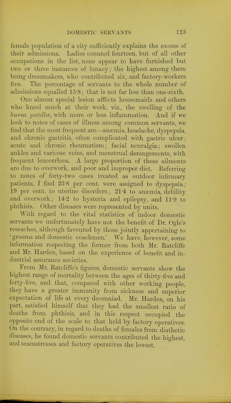 female population of a city sufficiently explains the excess of their admissions. Ladies counted fourteen, but of all other occupations in the list, none appear to have furnished but tAvo or three instances of lunacy; the highest among them being dressmakers, who contributed six, and factory-workers five. The percentage of servants to the whole number of admissions equalled 15'8; that is not far less than one-sixth. One almost special lesion afflicts housemaids and others who kneel much at their work, viz., the swelling of the bursa patellcc, with more or less inflammation. And if we look to notes of cases of illness among common servants, we find that the most frequent are—anaemia, headache, dyspepsia, and chronic gastritis, often comphcated with gastric ulcer; acute and chronic rheumatism; facial neuralgia; swollen ankles and varicose veins, and menstrual derangements, with frequent leucorrhsea. A large proportion of these ailments are due to overwork, and poor and improper diet. Referring to notes of forty-two cases treated as outdoor infirmary patients, I find 23-8 per cent, were assigned to dyspepsia; 19 per cent, to uterine disorders; 21-4 to anaemia, debility and overwork; 14'2 to hysteria and epilepsy, and 11-9 to phthisis. Other diseases were represented by units. With regard to the vital statistics of indoor domestic servants we unfortunately have not the benefit of Dr. Ogle's reseaches, although favoured by those jointly appertaining to ' grooms and domestic coachmen.' We have, however, some information respecting the former from both Mr. Ratcliffe and Mr. Harden, based on the experience of benefit and in- dustrial assurance societies. From Mr. Ratcliffe's figures, domestic servants show the highest range of mortality between the ages of thirty-five and forty-five, and that, compared with other working people, they have a greater immunity from sickness and superior expectation of life at every decenniad. Mr. Harden, on his part, satisfied himself that they had the smallest ratio of deaths from phthisis, and in this respect occupied the opposite end of the scale to that held by factory operatives. On the contrary, in regard to deaths of females from diathetic diseases, he found domestic servants contributed the highest, and seamstresses and factory operatives the lowest.