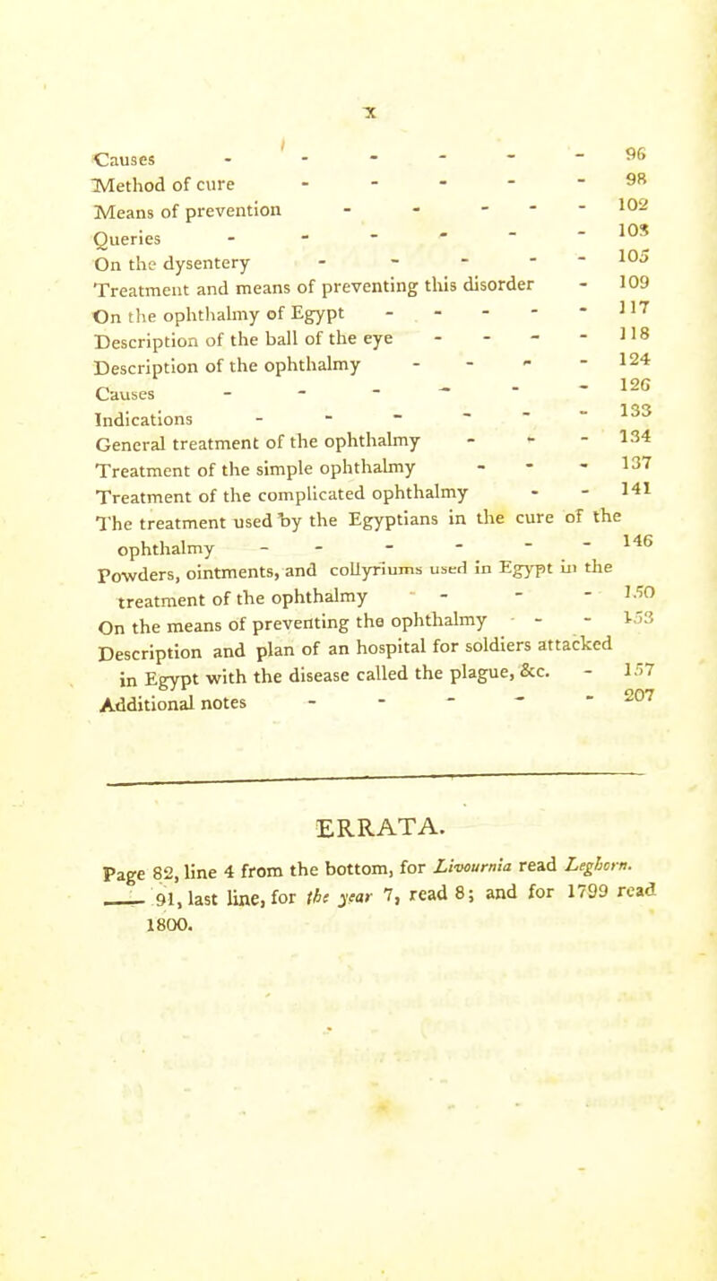 Method of cure .... - 98 Means of prevention - - ... 102 Queries - . - - - - lOS On the dysentery - - . - - lOo Treatment and means of preventing this disorder - 109 On the ophthahny of Egypt ^^^ Description of the ball of the eye - - - - 118 Description of the ophthalmy - - - - 124 Causes - - - ~  -12G Indications - - - ---133 General treatment of the ophthalmy . - - 134 Treatment of the simple ophthalmy - - - 137 Treatment of the complicated ophthalmy - - HI The treatment used hy the Egyptians in the cure of the ophthalmy - - - - _ - - 146 Powders, ointments, and collyrlums used in Egypt in the treatment of the ophthalmy - - - ISO On the means of preventing the ophthalmy - - 1-53 Description and plan of an hospital for soldiers attacked in Egypt with the disease called the plague, &c. - 157 Additional notes - - - ' - 207 ERRATA. page 82, line 4 from the bottom, for Livournia read Leghorn. 9Mast line, for the 7, read 8; and for 1799 read 1800.