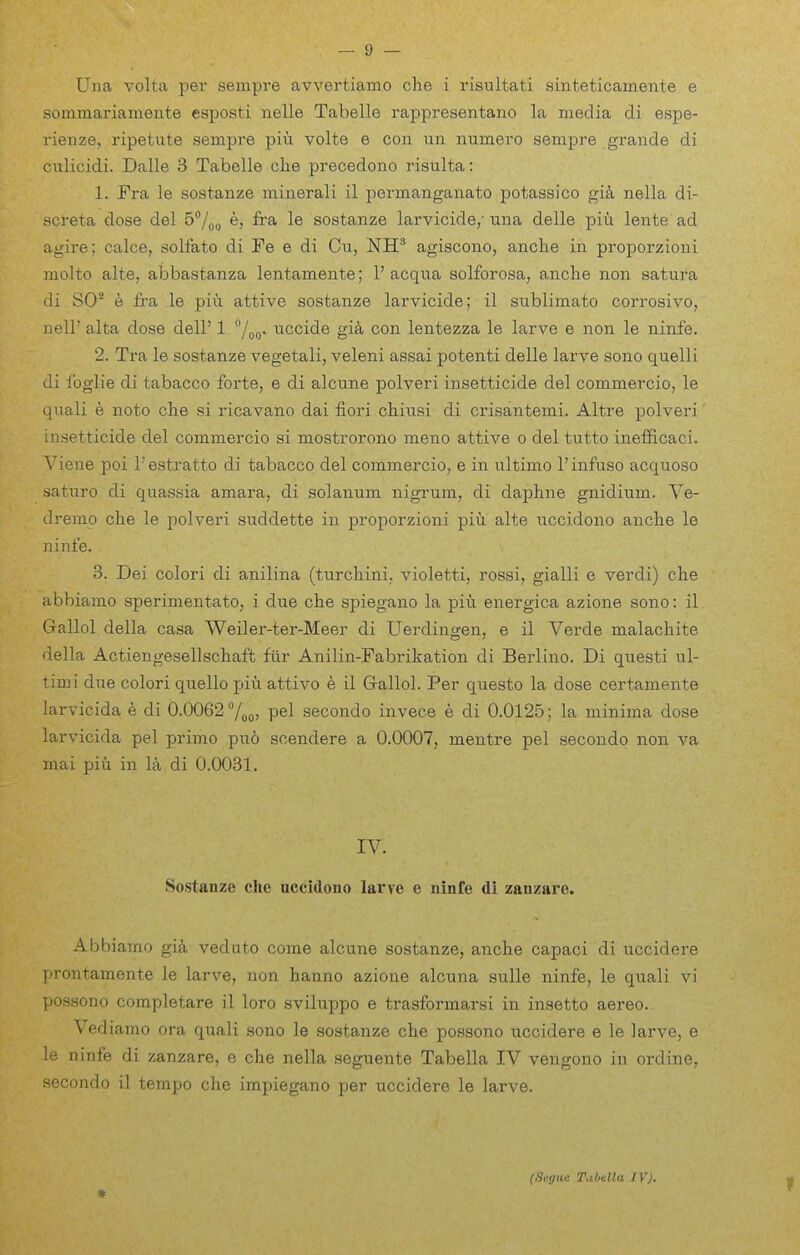 — 9 — Una volta per sempre avvertiamo che i risultati sinteticamente e sommariamente esposti nelle Tabelle rappresentano la media di espe- rieuze, ripetute sempre piu volte e con un numero sempre grande di culicidi. Dalle 3 Tabelle clie precedono risulta: 1. Fra le sostanze minerali il permanganate potassico gii nella di- screta dose del 57oo ^? 1® sostanze larvicide, una delle piu lente ad agire; calce, solfato di Fe e di Cu, NH agiscono, anche in proporzioni molto alte, abbastanza lentamente; 1'acqua solforosa, anche non satura di SO^ e fra le piu attive sostanze larvicide; il sublimate corrosivo, nell alta dose dell' 1 /^q. uccide gik con lentezza le larve e non le ninfe. 2. Tra le sostanze vegetali, veleni assai potenti delle larve sono quell i di foglie di tabacco forte, e di alcune polveri insetticide del commercio, le quali e note die si ricavano dai fieri chiiisi di crisantemi. Altre polveri' insetticide del commercio si mostrorono meno attive o del tutto inefficaci. Viene poi I'estratto di tabacco del commercio, e in ultimo 1'infuse acquose saturo di quassia amara, di solanum nigrum, di daphne gnidium. Ve- dremo che le polveri suddette in proporzioni piii alte uccidone anche le ninfe. 3. Dei colori di anilina (turchini, vieletti, ressi, gialli e verdi) che abbiame sperimentato, i due che spiegano la piu energica azione sono: il Gallol della casa Weiler-ter-Meer di Uerdingen, e il Verde malachite della Actiengesellschaft fiir Anilin-Fabrikation di Berlino. Di questi ul- timi due colori quelle piu attivo e il Gallol. Per queste la dose certamente larvicida e di 0.0062 7oo> pel seconde invece e di 0.0125; la minima dose larvicida pel prime pu6 soendere a 0.0007, mentre pel secendo non va mai piu in la di 0.0031. IV. Sostanze che nccidono larye e ninfe di zanzare. Abbiamo gik veduto come alcune sostanze, anche capaci di uccidere prentamente le larve, non hanno azione alcuna sulle ninfe, le quali vi possono completare il lero sviluppo e trasformarsi in. insetto aereo. Vediamo ora quali sono le sostanze che possono uccidere e le larve, e le ninfe di zanzare, e che nella seguente Tabella IV vengono in ordine, secendo il tempo che impiegano per uccidere le larve. *