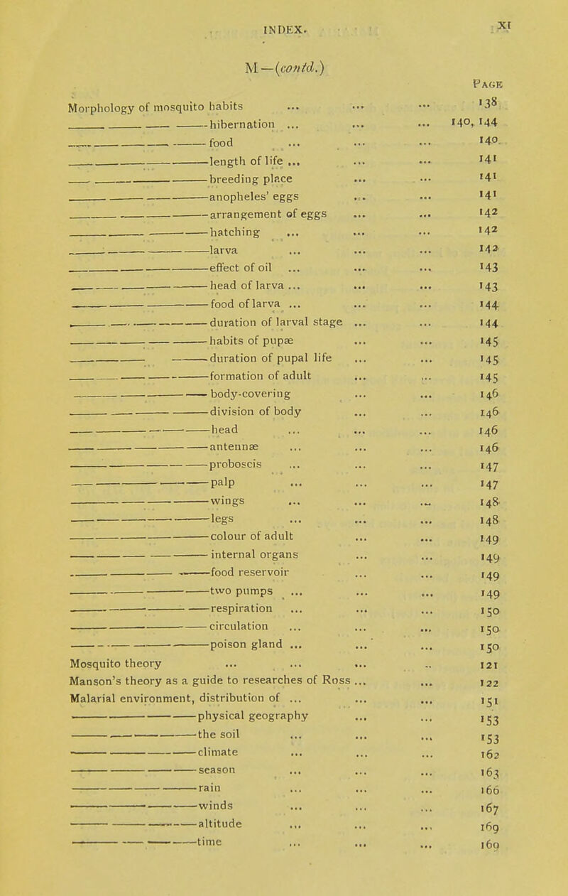 Page Morphology of mosquito habits ... ... ••• '38 . hibernation ... ... ••• '4°» '44 food ... ... ... '4°. length of life ... ... ... '41 breeding plr.ce ... ••• '41 anopheles'eggs ... ... '41 arrangement of eggs ... ... '42 . . hatching ... ... ... '42 larva ... ... ... M2 effect of oil ... ... ... H3 . head of larva ... ... ... 143 _ food oflarva ... ... ... 144 . duration of larval stage ... ... 144 habits of pupse ... ... 145 duration of pupal life ... ... 145 formation of adult ... ,.. 145 body-covering ... ... 146 . division of body ... ... 146 head ... ... ... 146 antennae .,. ... ... 146 proboscis ... ... ... 147 palp ... ... ... 147 wings ... ... .„ 148. legs ... ... ... 148 colour of adult ... ... 145 internal organs ... ... 14^ — ' food reservoir ... ... 149 two pumps t ... ... ... 149 ■ respiration ... ... ... 150 circulation ... ... ... ■ poison gland ... ... ... Mosquito theory ... ... ... .. 121 Manson's theory as a guide to researches of Ross ... ... j22 Malarial environment, distribution of ... ... ... j^i ■ physical geography ... ... ,,.3 . —— the soil ... ... ... ■ climate ... ... ... i62 season _ ... ... ... ,5^ rain ... ... ... ,65 winds ... ... ... i£y — altitude .,. ... .., jfig