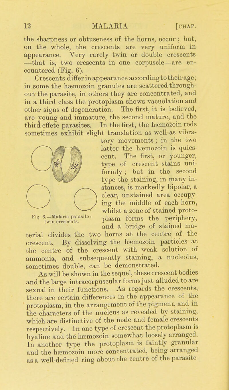 the sharpness or obtuseness of the horns, occur ; but, on the whole, the crescents are very uniform in appearance. Very rarely twin or double crescents —that is, two crescents in one corpuscle—are en- countered (Fig. 6). Crescents differ in appearance according to their age; in some the hsemozoin granules are scattered through- out the parasite, in others they are concentrated, and in a third class the protoplasm shows vacuolation and other signs of degeneration. The first, it is believed, are young and immature, the second mature, and the third effete parasites. In the first, the hsemozoin rods sometimes exhibit slight translation as well as vibra- terial divides the two horns at the centre of the crescent. By dissolving the hsemozoin particles at the centre of the crescent with weak solution of ammonia, and subsequently staining, a nucleolus, sometimes double, can be demonstrated. As will be shown in the sequel, these crescent bodies and the large intracorpuscular forms just alluded to are sexual in their functions. As regards the crescents, there are certain differences in the appearance of the protoplasm, in the arrangement of the pigment, and in the characters of the nucleus as revealed by staining, which are distinctive of the male and female crescents respectively. In one type of crescent the protoplasm is hyaline and the ha?mozoin somewhat loosely arranged. In another type the protoplasm is faintly granular and the hajmozoin more concentrated, being arranged as a well-defined ring about the centre of the parasite Fig. 6.—Malaria parasite : twin crescents. tory movements; in the two latter the hsemozoin is quies- cent. The first, or younger, type of crescent stains uni- formly ; but in the second type the staining, in many in- stances, is markedly bipolar, a clear, unstained area occupy- ing the middle of each horn, whilst a zone of stained proto- plasm forms the periphery, and a bridge of stained ma-