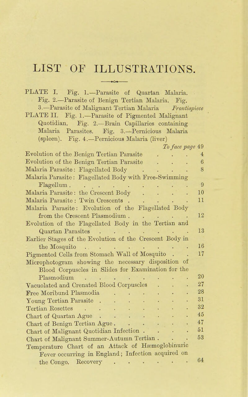 PLATE I. Fig. 1.—Parasite of Quartan Malaria. Fig. 2.—Parasite of Benign Tertian Malaria. Fig. 3.-—Parasite of Malignant Tertian Malaria Frontispiece PLATE II. Fig. 1.—Parasite of Pigmented Malignant Quotidian. Fig. 2.—Brain Capillaries containing Malaria Parasites. Fig. 3.—Pernicious Malaria (spleen). Fig. 4.—Pernicious Malaria (liver) To face page 49 Evolution of the Benign Tertian Parasite ... 4 Evolution of the Benign Tertian Parasite ... 6 Malaria Parasite: Flagellated Body .... 8 Malaria Parasite: Flagellated Body with Free-Swimming Flagellum. 9 Malaria Parasite: the Crescent Body . . . .10 Malaria Parasite : Twin Crescents 11 Malaria Parasite: Evolution of the Flagellated Body from the Crescent Plasmodium 12 Evolution of the Flagellated Body in the Tertian and Quartan Parasites 13 Earlier Stages of the Evolution of the Crescent Body in the Mosquito 16 Pigmented Cells from Stomach Wall of Mosquito . . 17 Microphotogram showing the necessary disposition of Blood Corpuscles in Slides for Examination for the Plasmodium • .20 Vacuolated and Crenated Blood Corpuscles ... 27 Free Moribund Plasmodia 28 Young Tertian Parasite 31 Tertian Rosettes 32 Chart of Quartan Ague 45 Chart of Benign Tertian Ague. . • . _ • .47 Chart of Malignant Quotidian Infection . . . .51 Chart of Malignant Summer-Autumn Tertian ... 53 Temperature Chart of an Attack of Haemoglobinuric Fever occurring in England; Infection acquired on the Congo. Recovery 64