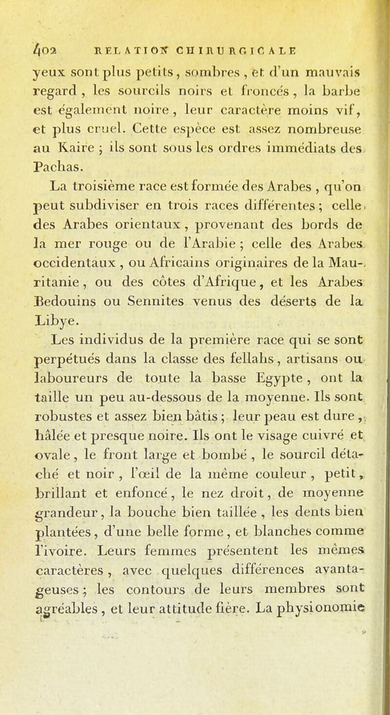 yeux sont plus petits, sombres , et d'un mauvais regard , les sourcils noirs et froncés, la barbe est également noire, leur caractère moins vif, et plus cruel. Cette espèce est assez nombreuse au Kaire ; ils sont sous les ordres immédiats des Pachas. La troisième race est formée des Arabes , qu'on peut subdiviser en trois races différentes; celle^ des Arabes orientaux, provenant des bords de la mer rouge ou de l'Arabie ; celle des Arabes occidentaux , ou Africains originaires de la Mau-, ritanie, ou des côtes d'Afrique, et les Arabes Bédouins ou Sennites venus des déserts de la Libye. Les individus de la première race qui se sont perpétués dans la classe des fellahs, artisans ou laboureurs de toute la basse Egypte , ont la taille un peu au-dessous de la moyenne. Ils sont robustes et assez bien bâtis ; leur peau est dure , , liâlée et presque noire. Ils ont le visage cuivré et ovale, le front large et bombé , le sourcil déta- ché et noir , l'œil de la même couleur , petit, brillant et enfoncé, le nez droit, de moyenne grandeur, la bouche bien taillée , les dents bien plantées, d'une belle forme, et blanches comme l'ivoire. Leurs femmes présentent les mêmes caractères, avec quelques différences avanta- geuses; les contours de leurs membres sont agréables , et leur attitude fière. La physionomie