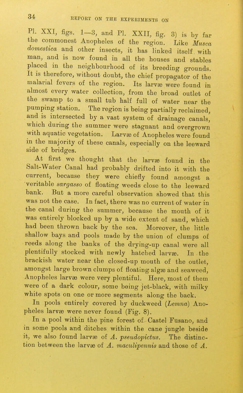 PI. XXI, figs. 1-3, and PI. XXII, fig, 3) is by far the commonest Anopheles of the region. Like Musca domestica and other insects, it has linked itself with man, and is now found in all the houses and stables placed in the neighbourhood of its breeding grounds. It is therefore, without doubt, the chief propagator of the malarial fevers of the region. Its larv» were found in almost every water collection, from the broad outlet of the swamp to a small tub half full of water near the pumping station. The region is being partially reclaimed, and is intersected by a vast system of drainage canals, which during the summer were stagnant and overgrown with aquatic vegetation. Larvae of Anopheles were found in the majority of these canals, especially on the leeward side of bridges. At first we thought that the larvae found in the Salt-Water Canal had probably drifted into it with the current, because they were chiefly found amongst a veritable sargasso of floating weeds close to the leeward bank. But a more careful observation showed that this was not the case. In fact, there was no current of water in the canal during the summer, because the mouth of it was entirely blocked up by a wide extent of sand, which had been thrown back by the sea. Moreover, the little shallow bays and pools made by the union of clumps of reeds along the banks of the drying-up canal were all plentifully stocked with newly hatched larvae. In . the brackish water near the closed-up mouth of the outlet, amongst large brown clumps of floating algae and seaweed, Anopheles larva were very plentiful. Here, most of them were of a dark colour, some being jet-black, with milky white spots on one or more segments along the back. In pools entirely covered by duckweed {Lemna) Ano- pheles larvae were never found (Fig. 8), In a pool within the pine forest of Castel Fusano, and in some pools and ditches within the cane jungle beside it, we also found larva of A, pseudopictus. The distinc- tion between the larvae oi A. maculipennis and those of A.
