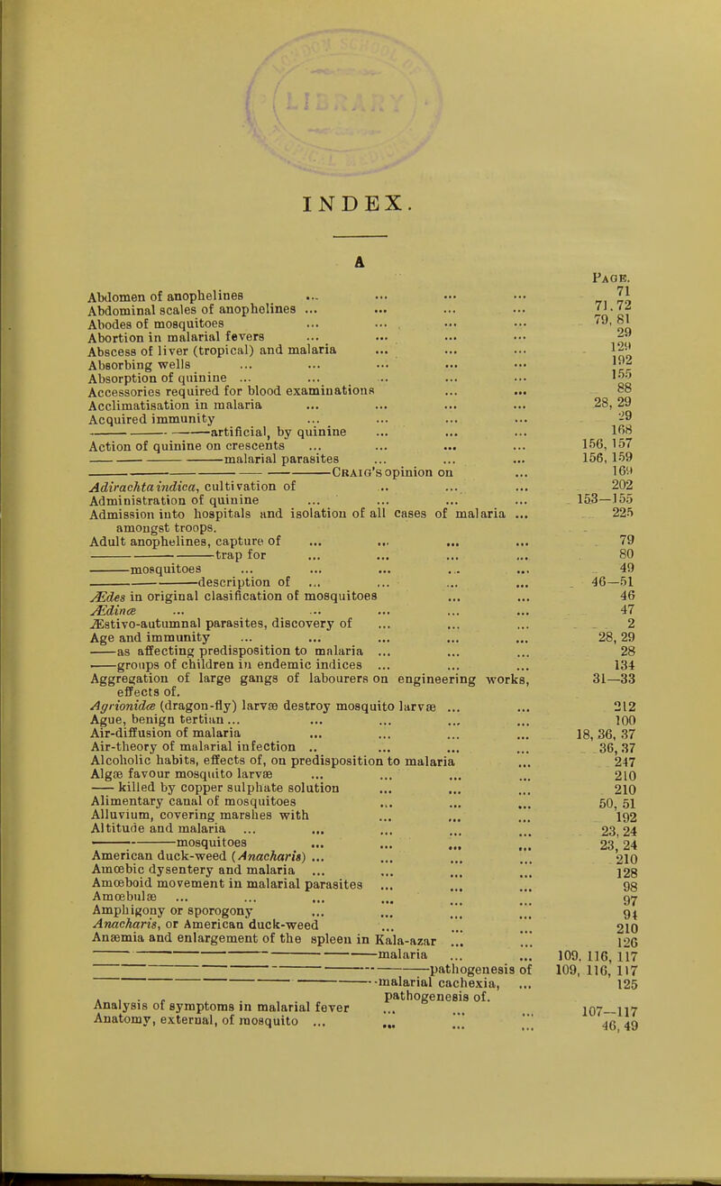 INDEX. Page. Abdomen of anophelines ... ... ... ... 71 Abdominal scales of anophelines ... ... ... ... Zo'ai Abodes of mosquitoes ... ... . ... ... oq Abortion in malarial fevers ... ... ... ■■• Abscess of liver (tropical) and malaria ... ... ... 129 Absorbing wells ... ... ... ... •.• Absorption of quinine ... ... .. ... ... '^o Accessories required for blood examinations ... ... 88 Acclimatisation in malaria ... ... ... ... 28, 29 Acquired immunity ... ... ... ... -9 artificial, by quinine ... ... ... IRB Action of quinine on crescents ... ... ... ... 156,157 malarial parasites ... ... ... 156, 159 • Craig's opinion on ... 169 Adirachtaindica, cultivation of ... ... ... 202 Administration of quinine ... ... ... ... 153—155 Admission into liospitals and isolation of all cases of malaria ... 225 amongst troops. Adult anophelines, capture of ... ... ... ... 79 trap for ... ... ... ... 80 mosquitoes ... ... ... ... ... 49 -description of ... ,.. ... ... . 46—51 vEdes in original clasification of mosquitoes ... ... 46 JEdince ... ... ... ... ... 47 ^stivo-autumnal parasites, discovery of ... ... ... 2 Age and immunity ... ... ... ... ... 28,29 as affecting predisposition to malaria ... ... ... 28 ' groups of children in endemic indices ... ... ... 134 Aggregation of large gangs of labourers on engineering works, 31—33 effects of. ^^nom'cZ^e (dragon-fly) larvae destroy mosquito larvae ... ... 212 Ague, benign tertian... ... ... ... ... 100 Air-dififusion of malaria ... ... ... ... 18,36, .37 Air-theory of malarial infection .. ... ... ... 36,37 Alcoholic habits, effects of, on predisposition to malaria ... 247 Algae favour mosquito larvae ... ... ... ... 210 killed by copper sulphate solution ... ... ... 210 Alimentary canal of mosquitoes ... ... 50 51 Alluvium, covering marshes with ... ... ... 192 Altitude and malaria ... ... ,,, ^.^ 23 24 ' : —mosquitoes ... ... .*. [j] 23,' 24 American duck-weed {.Anacharis) ... ... ... ... 2IO Amoebic dysentery and malaria ... ... ... ]|[ ]28 Amoeboid movement in malarial parasites ... ... ... gg Amoebulae ... ... ... .„ * ' Amphigony or sporogony ... ... Anacharia, or American duck-weed ... '.' 210 Anaemia and enlargement of the spleen in Kala-azar !.*. 126 malaria ... ... 109. 116, 117 pathogenesis of 109, 116, H7 malarial cachexia, ... 125 .„ , . , ^ . , . , p pathogenesis of. Analysis ot symptoms in malarial fever ... ... 107—117 Anatomy, external, of mosquito ... ... ^g