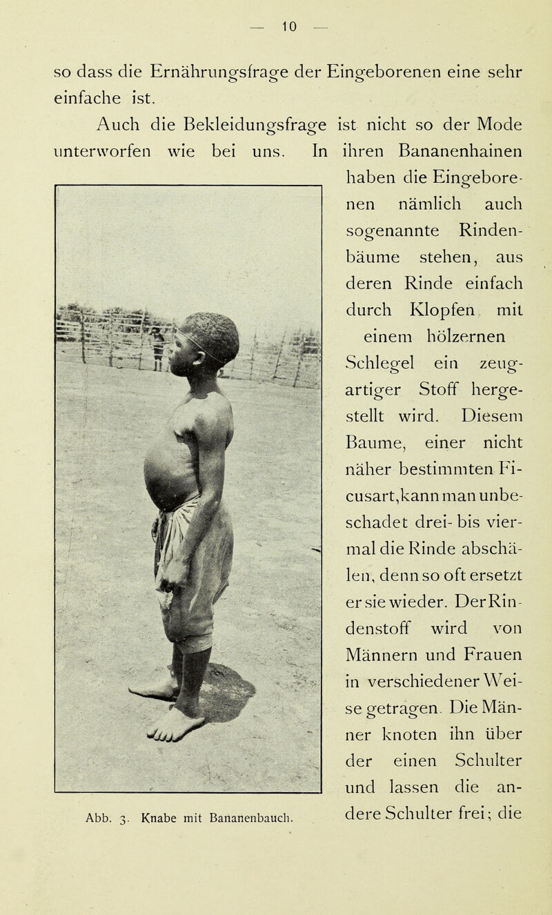 so dass die Ernährungsfrage der Eingeborenen eine sehr einfache ist. Auch die Bekleidungsfrage ist nicht so der Mode unterworfen wie bei uns. In ihren Bananenhainen haben die Eingebore- nen nämlich auch sogenannte Rinden- bäume stehen, aus deren Rinde einfach durch Klopfen mit einem hölzernen Schlegel ein zeug- artiger Stoff herge- stellt wird. Diesem Baume, einer nicht näher bestimmten Fi- cusart,kann man unbe- schadet drei- bis vier- mal die Rinde abschä- len, denn so oft ersetzt er sie wieder. Der Rin- denstoff wird von Männern und Frauen in verschiedener Wei- segetragen. Die Män- ner knoten ihn über der einen Schulter und lassen die an- Abb. s- Knabe mit Bananenbauch. dere Schulter frei; die