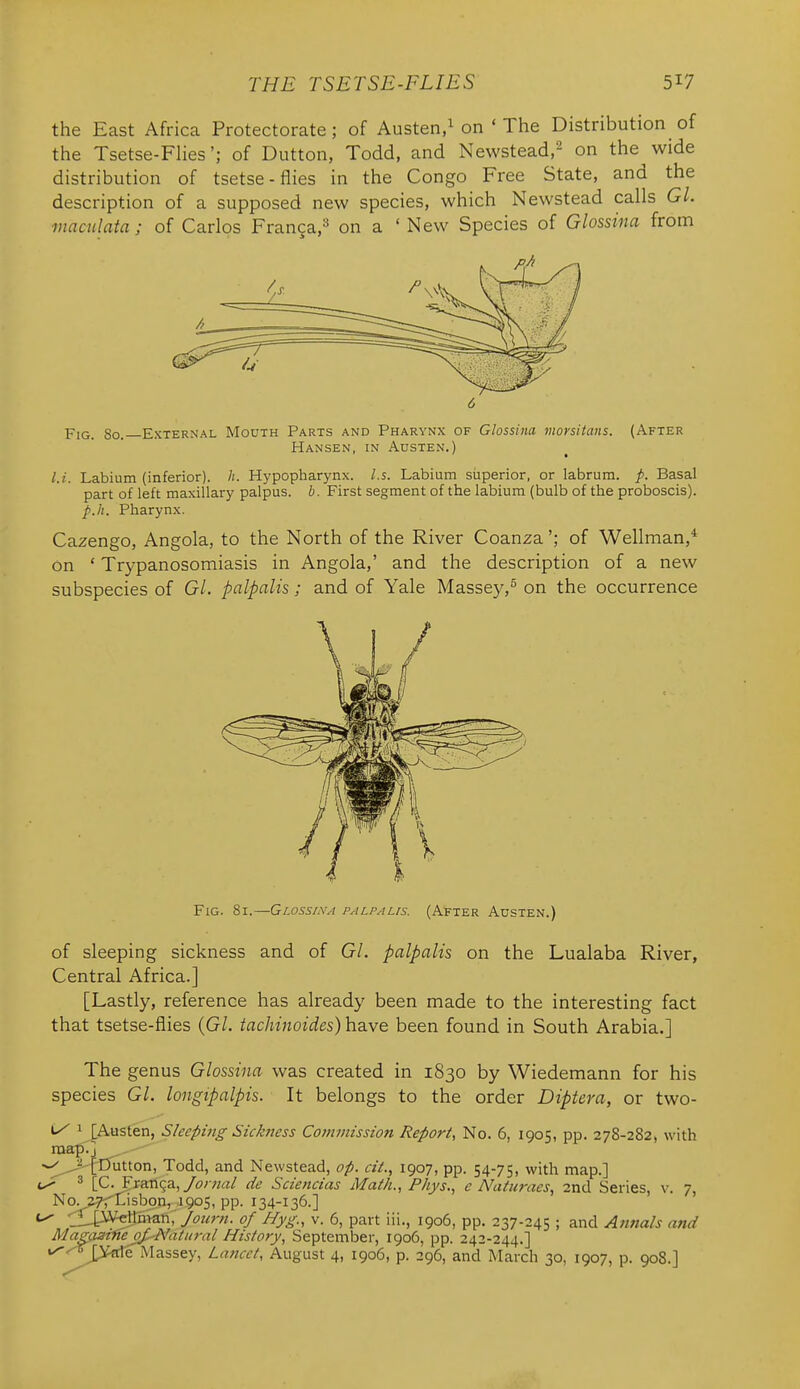 the East Africa Protectorate; of Austen/on * The Distribution of the Tsetse-Flies'; of Button, Todd, and Newstead,- on the wide distribution of tsetse - flies in the Congo Free State, and the description of a supposed new species, which Newstead calls Gl. macnlata; of Carlos Franca,^ on a 'New Species of Glossina from 6 PiQ_ 80. External Mouth Parts and Pharynx of Glossina morsitans. (After Hansen, in Austen.) Labium (inferior). Hypopharynx. l.s. Labium siiperior, or labrum. p. Basal part of left maxillary palpus, b. First segment of the labium (bulb of the proboscis). p.h. Pharynx. Cazengo, Angola, to the North of the River Coanza'; of Wellman,* on ' Trypanosomiasis in Angola,' and the description of a new subspecies of Gl. palpalis; and of Yale Massey,^ on the occurrence Fig. 81.—Glossixa palpalis. (After Austen.) of sleeping sickness and of Gl. palpalis on the Lualaba River, Central Africa.] [Lastly, reference has already been made to the interesting fact that tsetse-flies {Gl. tachinoides) have been found in South Arabia.] The genus Glossina was created in 1830 by Wiedemann for his species GL longtpalpis. It belongs to the order Diptera, or two- <y 1 £Austen, Sleeping Sickness Commission Report, No. 6, 1905, pp. 278-282, with map:] . •^^^ fuutton, Todd, and Newstead, op. cit., 1907, pp. 54-75, with map.] 3 [c. Franga,/tj;7w/ de Sciencias Math., Phys., e Naturaes, 2nd Series, v. 7, NO;27;'llisbon, 1905, pp. 134-136.] ^ 'SV>^nma.n, yot(rn. of Hyg., v. 6, part iii., 1906, pp. 237-245 ; and A7mals and Magim^eof^atural History, September, 1906, pp. 242-244.] i^^J>aleIVIassey, Lancet, August 4, 1906, p. 296, and March 30, 1907, p. 908.]