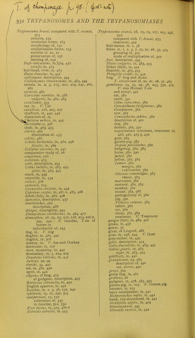 Trypanosoma inicei, compared with T. evansi, 273 cultures, 159 involution lorms, 163 morphology of, 150 multiplication forms, 153 nucleus of, 20, 21 preservation of, 156 staining of, 152 Bufo reticulatus, m,j464, 477 viridis in, 465 bull-head, river, in, 483 Buleo lineatiis^ in, 441 calUonymi, description, 494 Calliojiymus draciinculus, in, 483, 494 camels, in, 2, 3, 115, 201, 219, 247, 261, 281 carassii, 480 Carassiiis auratits, in, 488 vulgaris, in, 480, 483 casteltatiii, 355 cat, in. V. Cat cazaLboui, 118, 225, 227 chaffinch, in, 440, 442 characters of, 25 'helido>i urbica, in, 442 ristophei si, 508 chub, in, 483, 495 Clarice, 482 description of, 493 cobitis, 480 Cobitis barbatida, in, 480, 496 fossilis, in, 480 Colaptus atiratus, in, 441 comparative study of, 16 congolense, 116 costalum, 463 colli, description, 494 Coitus bubalis, in, 483, 495 gobio, in, 483, 495 crane, in, 439 crocodile, in, 459 cztlicis, 508 cuniculi, 103 Cyanocitta cristala, in, 441 Cypriuus carpio, in, 480-1, 483, 488 dabib (fish), in, 482, 496 damonicB, description, 457 danilnuskyi, 482 description, 488 delagei, description, 494 Diemyctulus viridescens, in, 464, 477 dimorphon, 18, 19, 23, 116, 118, 203,226-7, 229, 240. V. Gambia, T-sis of horses in individuality of, 243 dog, in. V. dog dogfish, in, 481, 492 dogtick, in, 508 donkey, in. V. Ass and Donkey dormouse, in, 107 dove, mourning, in, 441 dromedary, in, 5, 214, 219 Dryobates villosus, in, 44.1 dutt07ii, 20, 99 eberthi, 34, 440 eel, in, 481, 490 egret, in, 442 elegans, of frog, 463 of gudgeon, description, 495 Emberisa citritiella, in, 442 English sparrow, in, 441 Equidse, in, 2, 3, 58, 132, 292 equi?ium, 19, 21, 292, 303 cquiperdum, 15, 152 cultivation of, 33s in dourine, 312, 332 Esox lucius, in, 479, 480-1 Eslrelda estrelda, in, 445 Trypanosoma evansi, 18, iq, 74, 117, 223, 246, 272 compared with T. brucei, 273 treatment, 422 field-mouse, in, 1, 58 fishes, in, i, 2, 3, 7, 25, 27, 28, 33, 479 grouping of, 505 ' mode of multiplication of, 502 flesi, description, 493 Flesus vulgaris, in, 483, 493 flicker (bird), in, 441 flounder, in, 483, 493 Fringilla ccclebs, in, 442 frog. V. frog and Rana T. rolatoriuvi of, 20, 21, 28, 31, 465 gambiense, 19, 23, 29, 38, 243, 352, 401. V. also Human T-sis and atoxyl, 421 cat, 382 cattle, 391 Cebus capucinus, 382 Cercopitlucusfiiliginosus, 382 chimpanzee, 382 cow, 382 Cynocephalus sphinx, 382 description of, 401 dog, 382 donkey, 382, 390 experimental infections, treatment of, 416, 421, 423-5, 432 goat, 389 guinea-pig, 382 Hapale pencillalus, 382 hedgehog, 382, 389 horse, 382, 390 jackal, 382 jerboa, 382, 389 Lemur, 382 moiigos, 382 rubriventer, 382 Macacus cyjiomolgus, 383 rhesus, 383 marmoset, 382 marmot, 382, 389 monkey, 382 mouse, 382, 388 pathogenicity of, 382 pig. 390 Pithecia salanas, 383 rabbit, 382 rat, 382 sheep, 382, 389 treatment. V. Treatment gargur (fish), in, 482, 496 gecko, in, 458 genus, 36 giant, of Lingard, 286 goat, 67, 238, 244. V. Goat goat-sucker, in, 439 gobii, descripdon, 494 Gobiofluvialilis, in, 483, 495 Gobius giuris, in, 483 niger, in, 483, 494 goldfinch, in, 440 granulosum, 23, 483 description of, 490 var. parva, 490 grayi, 509 green frog, in, 461 grobbe?ii, 26 gudgeon, in, 478, 483, 495 guinea-pig, in, 105. V. Guinea-pig hamster, in, 105 hairy woodpecker, in, 441 Harporynchus rufus, in, 441 hawk, red-shouldered, in, 441 Hclobdella algira, in, 474 himalayanum, 345 Hirundo rustica, in, 442