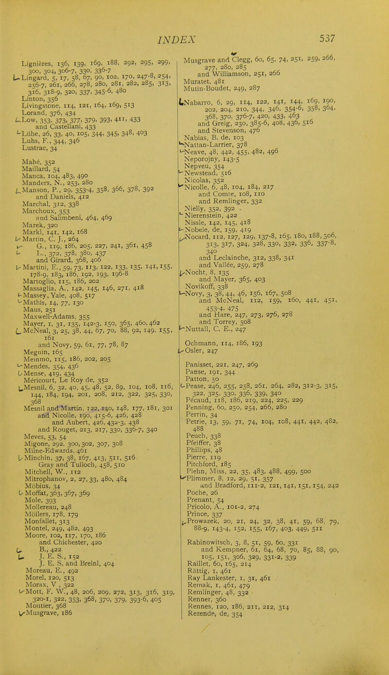 Ligniferes, 136, 139, 169, 188, 292, 295, 299, 300, 304, 306-7, 330, 336-7 ULingard, 5, 17, 58, 67. 90, 102, 170, 247-8, 254, 256-7, 261, 266, 278, 280, 281, 282, 285, 313, 316, 318-9, 320, 337, 345-6. 480 Linton, 356 Livingstone, 114, 121, 164, 169, 513 Lorand, 376, 434 ULow, 353, 373. 377. 379. 393. 4. 433 and Castellani, 433 '-Liihe, 26, 33, 40, 105, 344, 34S. 348, 403 Luhs, F., 344, 346 Lustrac, 34 Mah6, 352 Maillard, 54 Manca, 104, 483, 490 Manders, N., 253, 280 t,Manson, P., 29, 353-4, 358, 366, 378, 392 and Daniels, 412 Marchal, 312, 338 Marchoux, 353 and Salimbeni, 464, 469 Marek, 320 Markl, 141, 142, 168 UMartin, C. J., 264 G., 119, 186, 205, 227, 241, 361, 458 i- L., 372, 378, 380, 437 and Girard, 368, 406 l- Martini, E., 59, 73, 113, 122, 133, 13S. 141. ISS. 178-9, 183, 186, 192, 193, 196-8 Martoglio, 115, 186, 202 Massaglia, A., 142, 145, 146, 271, 418 *-Massey, Yale, 408, 517 ''Mathis, 14, 77, 130 Maus, 251 Maxwell-Adams, 355 Mayer, i, 31, 135, 142-3. 15°. 365. 460,462 {^McNeal, 3, 25, 38, 44, 67, 70, 88, 92, 149, 155, 161 and Novy, 59, 61, 77, 78, 87 Megnin, 165 Meinmo, 115, 186, 202, 205 i-Mendes, 354, 436 C'Mense, 419, 434 M^ricourt, Le Roy de, 352 l^Mesnil, 6, 32. 40, 45, 48, 52, 89, 104, 108, 116, 144, 184, 194, 2or, 208, 212, 322, 325, 330, 368 Mesnil ancTMartin, i22,.i5jo, 148, 177, 181, 301 and Nicolle, igo, 415-6, 426, 428 and Aubert, 426, 432-3, 438 and Rouget, 213, 217, 330, 336-7, 340 Meves, 53, 54 Migone, 292, 300,302, 307, 308 Milne-Edwards, 461 UMinchin, 37, 38, 167, 413, 511, 516 Gray and Tulloch, 458, 510 Mitchell, W., 112 Mitrophanov, 2, 27, 33, 480, 484 Mobius, 34 UMoffat, 363,367, 369 Mole, 393 Mollereau, 248 Mollers, 178, 179 Monfallet, 313 Montel, 249, 482, 493 Moore, 102, 117, 170, 186 and Chichester, 420 C B., 422 U J. E. S., 152 J. E. S. and Breinl, 404 Moreau, E., 492 Morel, 120, 513 Morax, V , 322 i^Mott, F. W.,48, 206, 209, 272, 313, 316, 319, 320-1, 322, 353, 368, 370, 379, 393-6, 405 Moutier, 368 V-Musgrave, 186 Musgrave and Clegg, 60, 65, 74, 251, 259, 266, 277, 280, 285 and Williamson, 251, 266 Muratet, 481 Mutin-Boudet, 249, 287 ItNabarro, 6, 29, 114, 122, 141, 144. 169, 190, 202, 204, 210, 344, 346, 3S4-6. 358, 3°4. 368, 370, 376-7, 420, 433, 463 and Greig, 230, 385-6, 40B, 436, 516 and Stevenson, 476 Nabias, B. de, 103 '^Nattan-Larrier, 378 H^eave, 48, 442, 455, 482, 496 Neporojny, 143-5 Nepveu, 354 •Newstead, 516 Nicolas, 352 ^'Nicolle, 6, 48, 104, 184, 217 and Comte, 108, 110 and Remlinger, 332 Nielly, 352, 392 . *■ Nierenstein, 422 Nissle, 142, 14s, 418 t-Nobele, de, 159, 419 j^ocard, 112, 127, 129, 137-8, 165, 180, 188, 306, 313. 317. 324. 328, 330. 332. 336. 337-8, 340 and Leclainche, 312, 338, 341 and Valine, 259, 278 j^Nocht, 8, 13s and Mayer, 365, 403 Novikoff, 338 L-Novy, 3, 38, 44, 46, 156. 167. 508 and McNeal, 112, 159, 160, 441, 451, 453-4. 475 and Hare, 247, 273, 276, 278 and Torrey, 508 t-Nuttall, C. E., 247 Ochmann, 114, 186, 193 Osier, 247 Panisset, 221, 247, 269 Panse, 191, 344 Patton, 50 t-Pease, 246, 255, 258, 261, 264, 282, 312-3, 315, 322, 325, 330, 336, 339, 340 P6caud, 118, 186, 219, 224, 225, 229 Penning, 60, 250, 254, 266, 280 Perrin, 34 Peirie, 13, 59, 71, 74, 104, 108, 441, 442, 482, 488 Peuch, 338 Pfeiffer, 38 Phillips, 48 Pierre, 119 Pitchford, 185 Plehn, Miss, 22, 35, 483, 488, 499, 500 '^Plimmer, 8, 12, 29, 51, 357 and Bradford, 111-2, 121, 141, 151, 154, 242 Poche, 26 Prenant, 54 Pricolo, A., 101-2, 274 Prince, 337 ^,Prowazek, 20, 21, 24, 32, 38, 41, 59, 68, 79, 88-9, 143-4, 152. 155. 167, 403, 449, 511 Rabinowitsch, 3, 8, 51, 59, 60, 331 and Kempner, 61, 64, 68, 70, 85, 88, 90, 105. 151. 306, 329, 331-2, 339 Raillet, 60, 165, 214 Rattig, I, 461 Ray Lankester, i, 31, 461 . Remak, i, 461, 479 Remlinger, 48, 332 Renner, 360 Rennes, 120, 186, 211, 212, 314 Rezende, de, 354