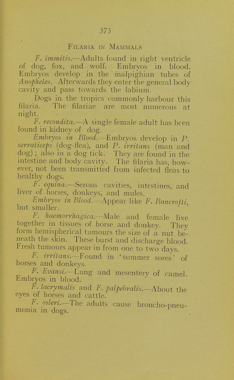 Filaria in Mammals F. iin m it is.—Adults found in right ventricle of dog, fox, and wolf. Embryos in blood. Embryos develop in the malpighian tubes of Anopheles. Afterwards they enter the general body cavity and pass towards the labium. Dogs in the tropics commonly harbour this filaria. The filariae are most numerous at night. F. recondita.—A single female adult has been found in kidney of dog. Embryos in Blood.—Embryos develop in P. serraticeps (dog-flea), and P. irriians (man and dog) ; also in a dog tick. They are found in the intestine and body cavity. The filaria has, how- ever, not been transmitted from infected fleas to healthy dogs. F. equina.—Serous cavities, intestines, and liver of horses, donkeys, and mules. Embryos in Blood. —Appear like F. Bancroft!, but smaller. F. haemorrhagica.—Male, and female live together in tissues of horse and donkey. They form hemispherical tumours the size of a nut be- neath the skin. These burst and discharge blood. Fresh tumours appear in from one to two days. F. irriians.—Found in 'summer sores' of horses and donkeys. F. Evansi.—Lung and mesentery of camel. Embryos in blood. F. lacrymalis and F. palpebralis.—About the eyes of horses and cattle. F. osleri.—The adults cause broncho-pneu- monia m dogs.