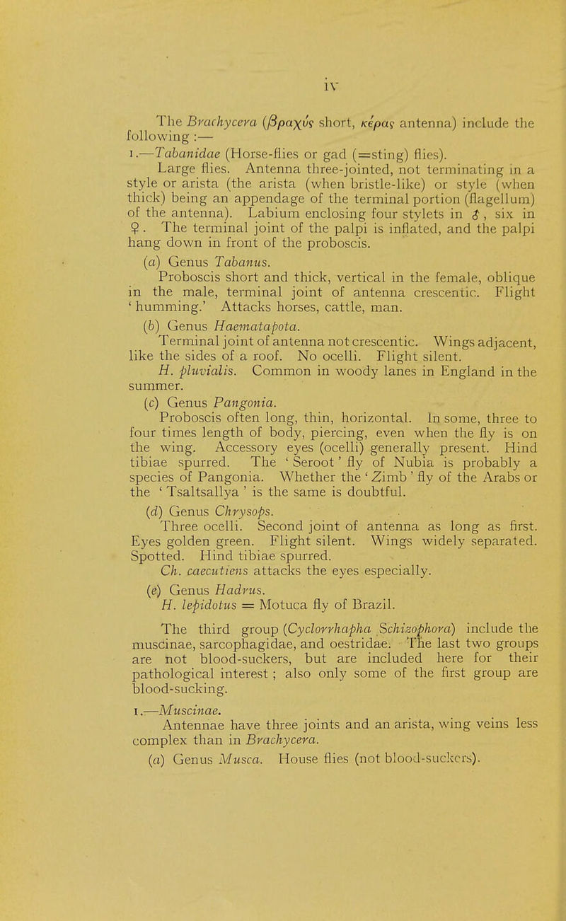 The Brachycera (fipaxiS short, /etr/oa? antenna) include the following :— i.—Tabanidae (Horse-flies or gad (=sting) flies). Large flies. Antenna three-jointed, not terminating in a style or arista (the arista (when bristle-like) or style (when thick) being an appendage of the terminal portion (flagellum) of the antenna). Labium enclosing four stylets in $ , six in $ . The terminal joint of the palpi is inflated, and the palpi hang down in front of the proboscis. (a) Genus Tabanus. Proboscis short and thick, vertical in the female, oblique in the male, terminal joint of antenna crescentic. Flight ' humming.' Attacks horses, cattle, man. (6) Genus Haematapota. Terminal joint of antenna not crescentic. Wings adjacent, like the sides of a roof. No ocelli. Flight silent. H. phwialis. Common in woody lanes in England in the summer. (c) Genus Pangonia. Proboscis often long, thin, horizontal. In some, three to four times length of body, piercing, even when the fly is on the wing. Accessory eyes (ocelli) generally present. Hind tibiae spurred. The ' Seroot' fly of Nubia is probably a species of Pangonia. Whether the ' Zimb ' fly of the Arabs or the ' Tsaltsallya ' is the same is doubtful. (d) Genus Chrysops. Three ocelli. Second joint of antenna as long as first. Eyes golden green. Flight silent. Wings widely separated. Spotted. Hind tibiae spurred. Ch. caecutiens attacks the eyes especially. (e) Genus Hadrus. H. lepidotus = Motuca fly of Brazil. The third group (Cyclorrhapha Schizophora) include the muscinae, sarcophagidae, and oestridae. The last two groups are not blood-suckers, but are included here for their pathological interest ; also only some of the first group are blood-sucking. i.—Muscinae. Antennae have three joints and an arista, wing veins less complex than in Brachycera. (a) Genus Musca. House flies (not blood-suckers).