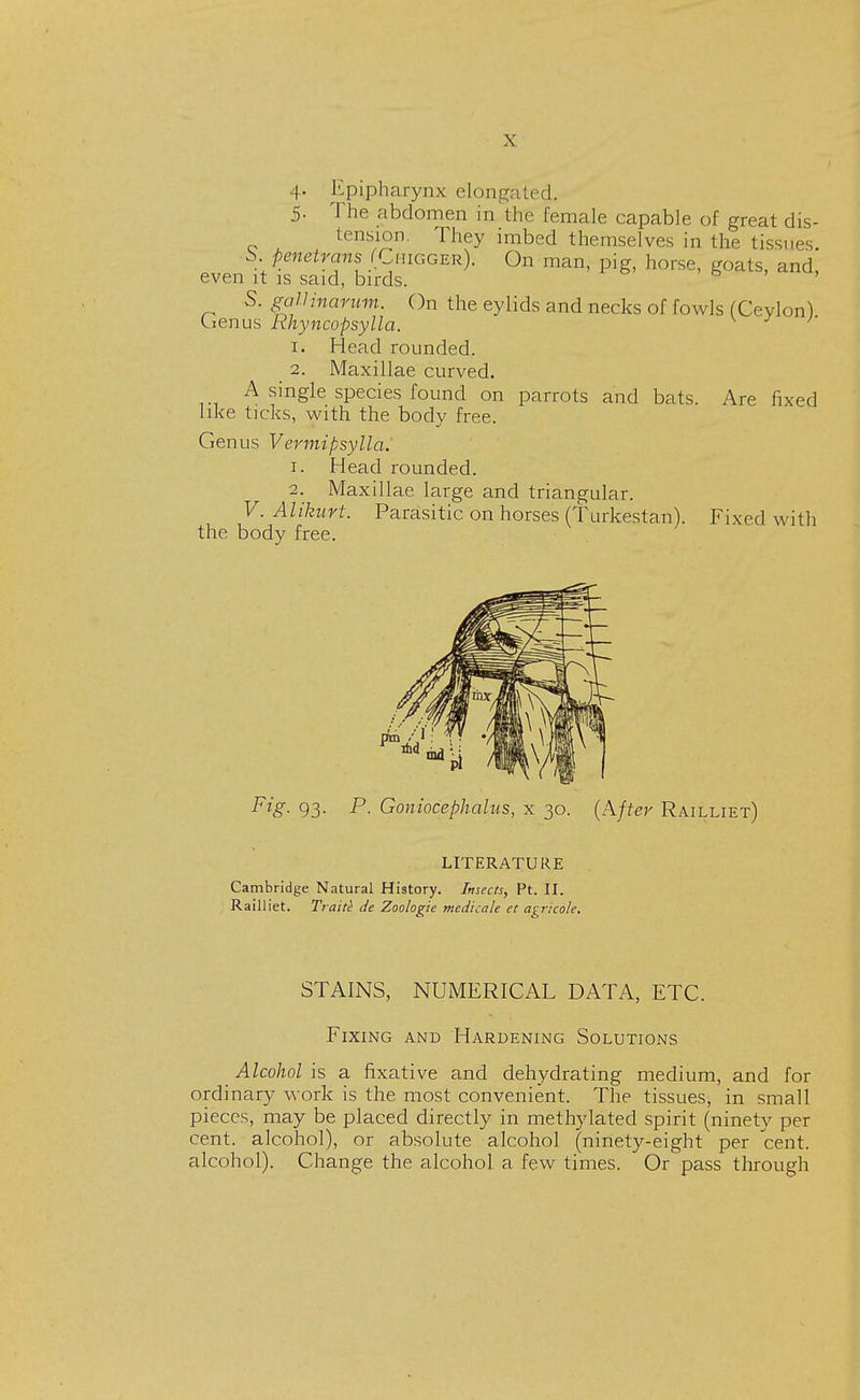 4> Epipharynx elongated. 5- The abdomen m the female capable of great dis- tension. They imbed themselves in the tissues. b penetrans (Cmigger). On man, pig, horse, goats, and even it is said, birds. S. gallinarum. On the eylids and necks of fowls (Ceylon) Uenus Hhyncopsylla. '' 1. Head rounded. 2. Maxillae curved. A single species found on parrots and bats. Are fixed like ticks, with the body free. Genus Vermipsylla. 1. Head rounded. 2. Maxillae large and triangular. V. Alikurt. Parasitic on horses (Turkestan). Fixed with the body free. Fig. 93. P. Goniocephalns, x 30. (After Railliet) LITERATURE Cambridge Natural History. Insects, Pt. II. Railliet. Traite de Zoologie medicate et agncolc. STAINS, NUMERICAL DATA, ETC. Fixing and Hardening Solutions Alcohol is a fixative and dehydrating medium, and for ordinary work is the most convenient. The tissues, in small pieces, may be placed directly in methylated spirit (ninety per cent, alcohol), or absolute alcohol (ninety-eight per cent, alcohol). Change the alcohol a few times. Or pass through