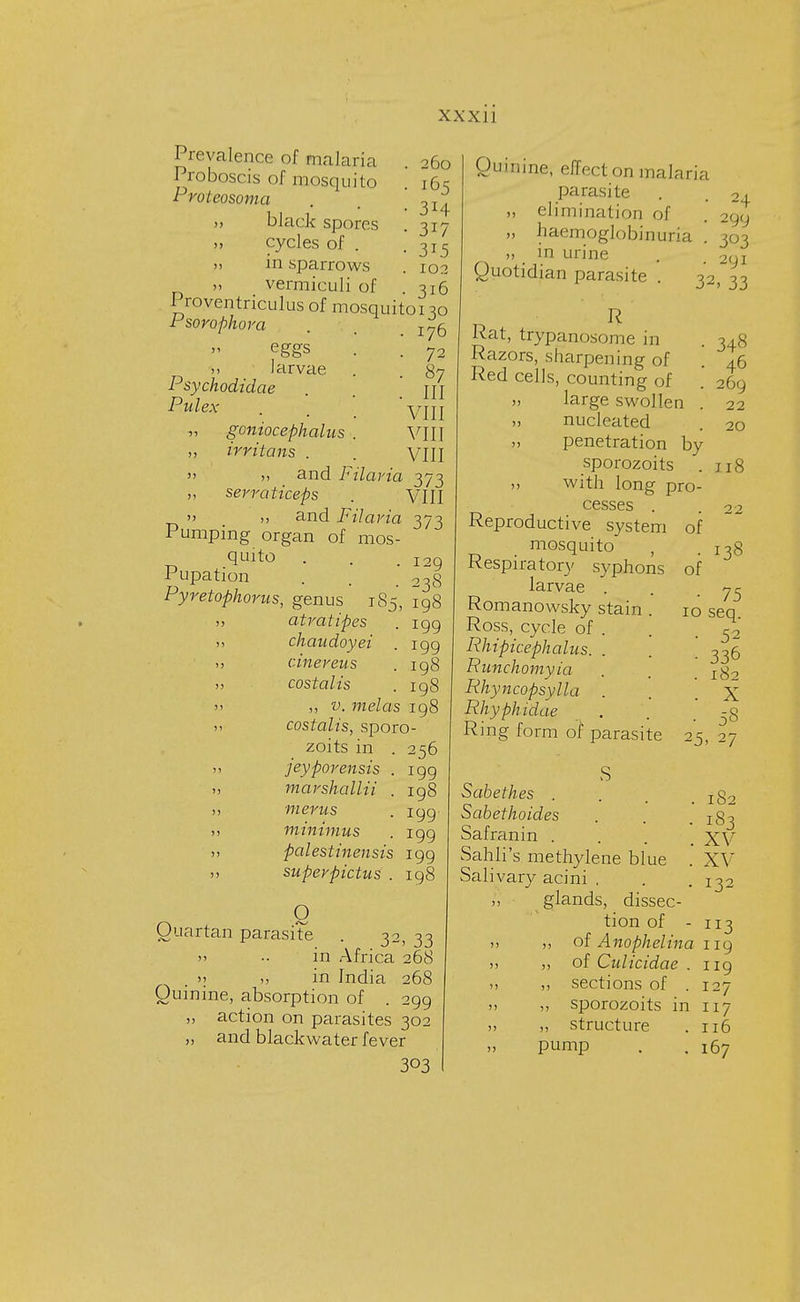 Prevalence of malaria Proboscis of mosquito Proteosoma >, black spores ), cycles of . in sparrows vermiculi of 260 165 3H 317 315 102 316 Proventriculus of mosquito 130 Psorophora eggs i) larvae Psychodidae Pulex -,, goniocephalus „ irritans .  >, and Filaria 373 „ serraticeps . VIII >> >) and Filaria 373 Pumping organ of mos- quito Pupation 176 72 87 III VIII VIII VIII Pyretophorns, genus 185, 1 129 238 atratipes » chaudoyei cinereus „ costalis » ,, v. melas 198 >> costalis, sporo zoits in » jeyporensis m marshallii „ merus minimus » palestinensis 199 „ superpictus . 198 O Quartan parasite . 32, 33 » •• in Africa 268 >: >] in India 268 Quinine, absorption of . 299 „ action on parasites 302 „ and blackwater fever 303 199 199 198 198 256 199 198 199 199 Quinine, effect on malaria parasite . . 24 „ elimination of . 299 „ baemoglobinuria . 303 in urine Quotidian parasite . . 291 32, 33 R Rat, trypanosome in Razors, sharpening of Red cells, counting of », large swollen . nucleated penetration by sporozoits . >> with long pro- cesses . Reproductive system mosquito , Respiratory syphons larvae . Romanowsky stain Ross, cycle of Rhipicephalus. Runchomyia Rhyncopsylla Rhyphidae Ring form of parasite of of 348 46 269 22 20 118 22 138 • 75 10 seq. • 52 • 336 . 182 . X • 58 0. *i s Sabethes . Sabethoides . . .183 Safranin . XV Sahli's methylene blue . XV Salivary acini . . .132 ,, glands, dissec- tion of - 113 >> >! of Anophelina 119 )> n of Culicidae . 119 n ,, sections of .127 „ sporozoits in 117 „ „ structure . 116 pump . . 167