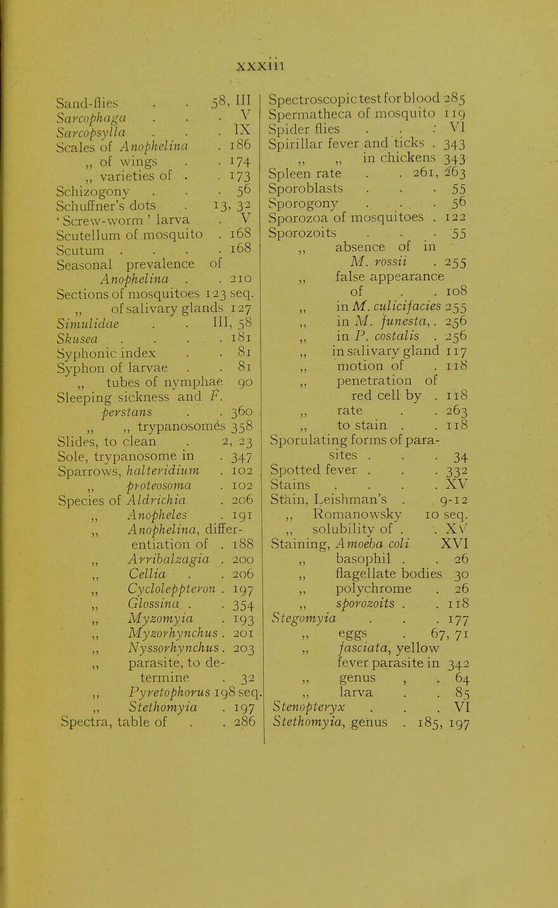 xxx i n Sand-flies . . 58. M Sarcophaga . . • ' > Sarcopsylla . . .IX Scales of Anophelina . 186 „ of wings . .174 ,, varieties of . - 173 Schizogony . . • 5^ Schuffner's dots . 13, 32 1 Screw-worm ' larva . V Scutellum of mosquito . 168 Scutum . . • .168 Seasonal prevalence of Anophelina . .210 Sections of mosquitoes 123 seq. ,, of salivary glands 127 Simulidae . . HI, 58 Skusea . . . .181 Syphonic index . .81 Syphon of larvae . .81 „ tubes of nymphae 90 Sleeping sickness and F. perstans . . 360 „ trypanosomes 358 Slides, to clean . 2, 23 Sole, trypanosome in . 347 Sparrows, halteridium . 102 ,, pvoteosoma . 102 Species of Aldrichia . 206 ,, Anopheles . 191 „ Anophelina, differ- entiation of .188 „ Arribalzagia . 200 ,, Cellia . . 206 ,, Cycloleppteron . 197 „ Glossina . . 354 „ Myzomyia . 193 ,, Myzorhynchus . 201 ,, Nyssorhynchus. 203 ,, parasite, to de- termine . 32 ,, Pyretophorus 198 seq „ Stethomyia . 197 Spectroscopic test for blood 285 Spermatheca of mosquito 119 Spider flies . . VI Spirillar fever and ticks . 343 in chickens 343 Spleen rate . .261, 263 Sporoblasts . . -55 Sporogony . . . -5^ Sporozoa of mosquitoes . 122 Sporozoits . . -55 ,, absence of in M. rossii . 255 ,, false appearance of . .. 108 ,, in M. culicifacies 255 ,, in M. funesta,. 256 ,, in P. costalis . 256 ,, in salivary gland 117 ,, motion of .118 „ penetration of red cell by .118 ,, rate . . 263 „ to stain . .118 Sporulating forms of para- sites . . -34 Spotted fever . . -332 Stains . . . .XV Stain, Leishman's . 9-12 ,, Romanowsky 10 seq. ,, solubility of . . XV Staining, Amoeba coli XVI ,, basophil . . 26 ,, flagellate bodies 30 „ polychrome . 26 ,, sporozoits . .118 Stegomyia . . .177 „ ' eggs . 67, 71 ,, fasciata, yellow fever parasite in 342 genus , . 64 „ larva . . 85 Stenoptevyx . . .VI